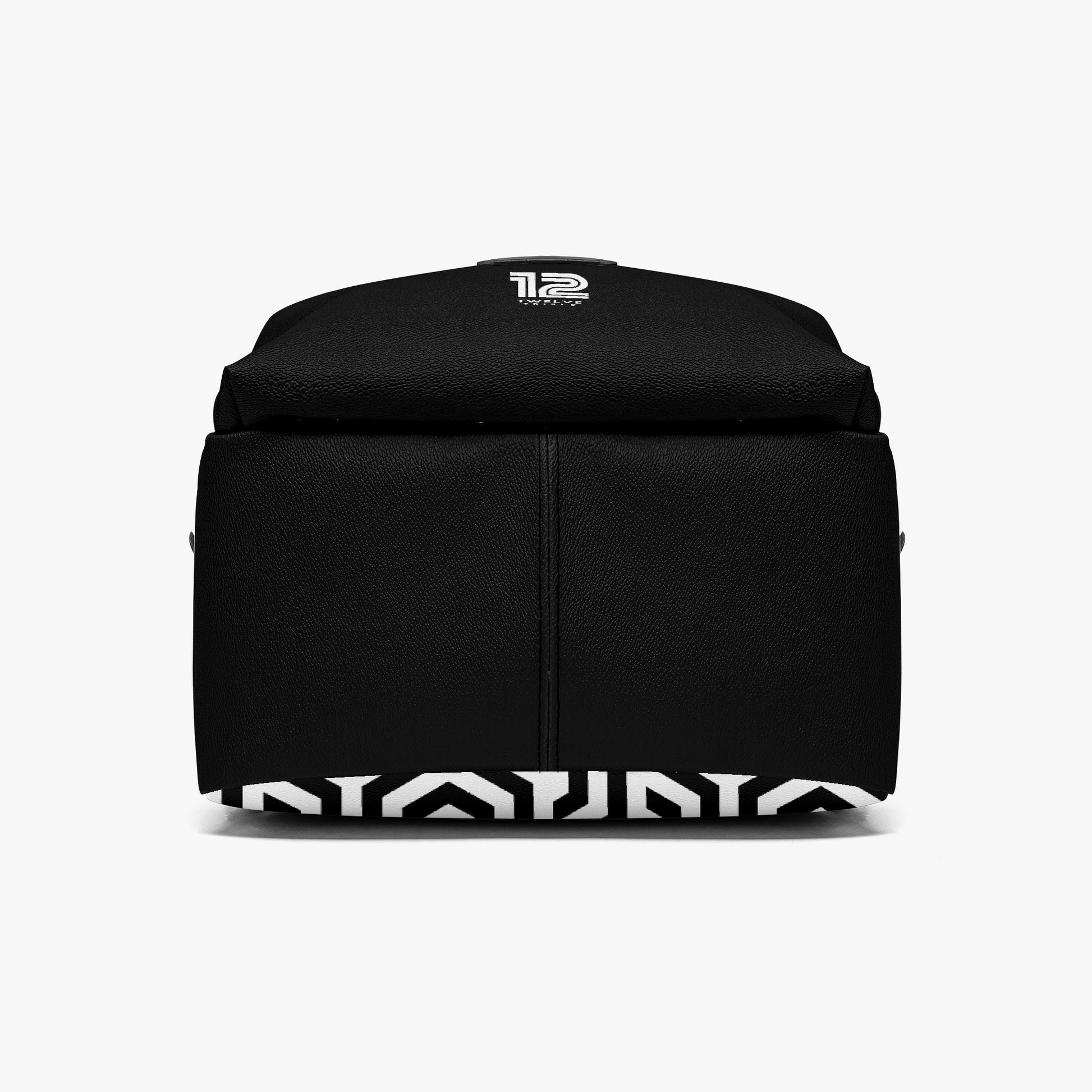 Black backpack with a patterned bottom section on a white background