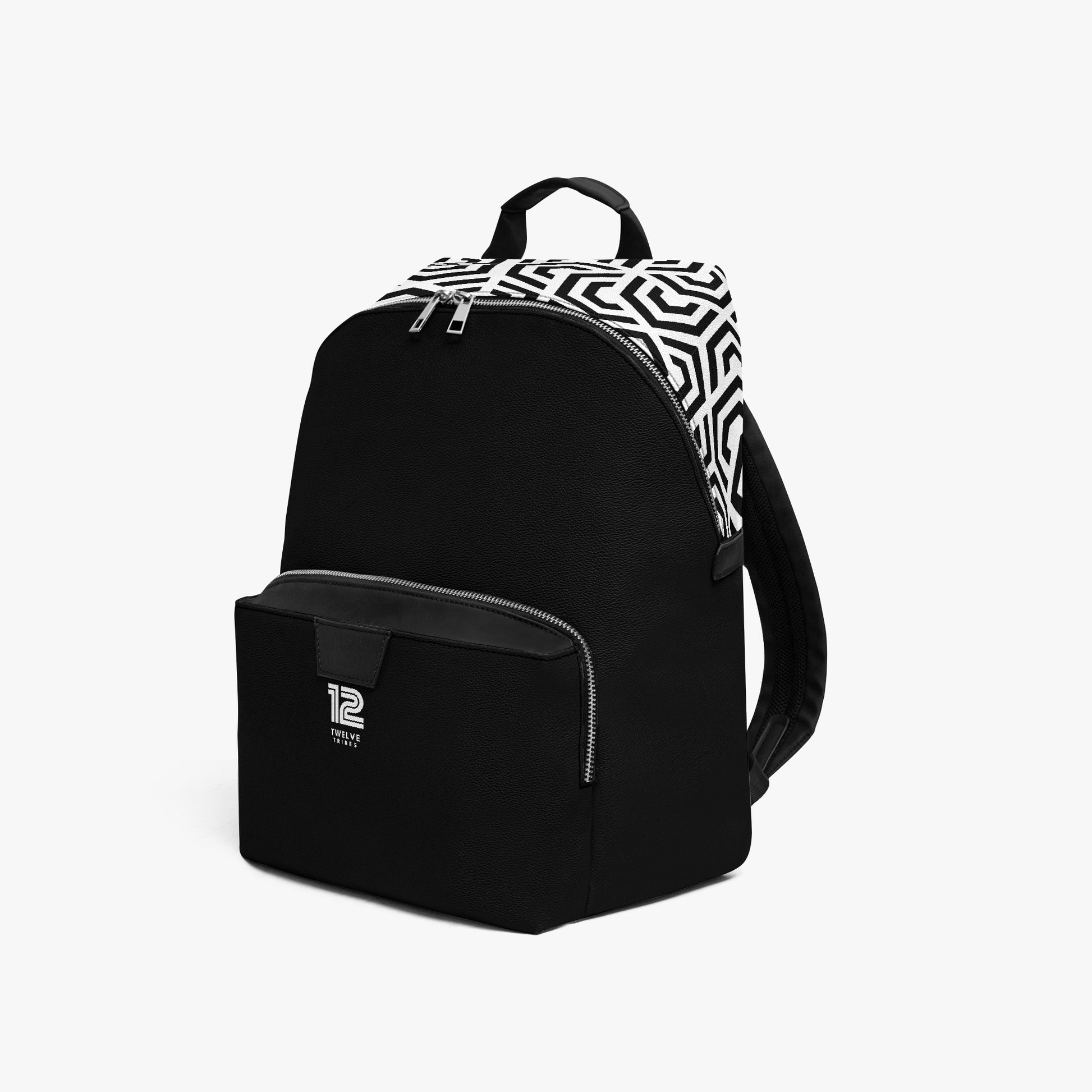 Black backpack with a patterned top section on a white background