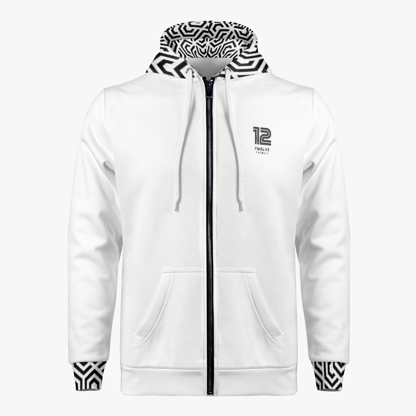 12 Tribes White hoodie with zebra pattern cuffs and hood on a white background
