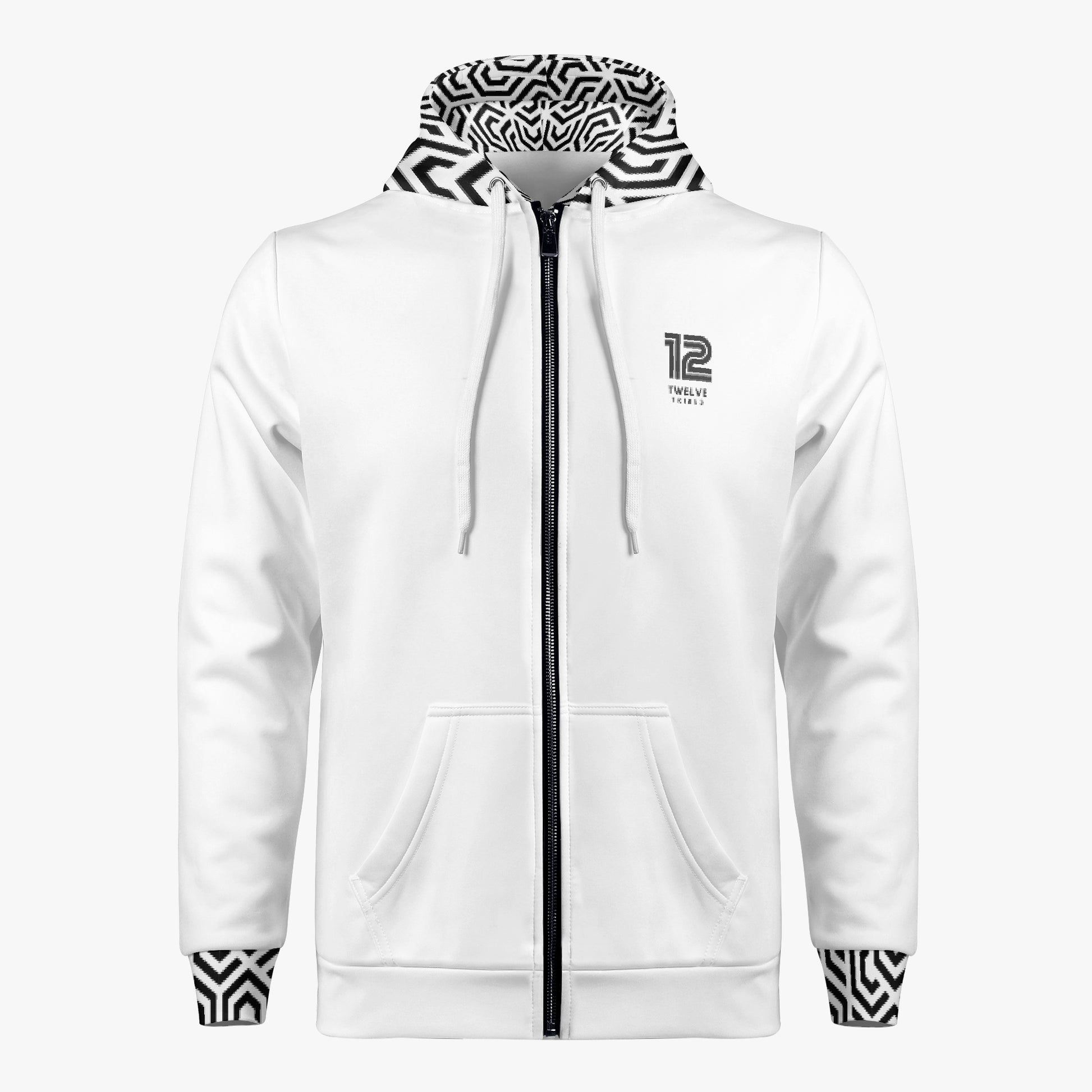12 Tribes White hoodie with zebra pattern cuffs and hood on a white background