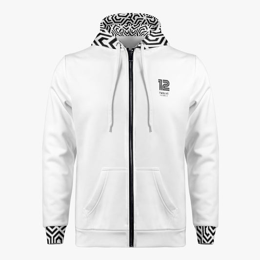 12 Tribes White hoodie with zebra pattern cuffs and hood on a white background