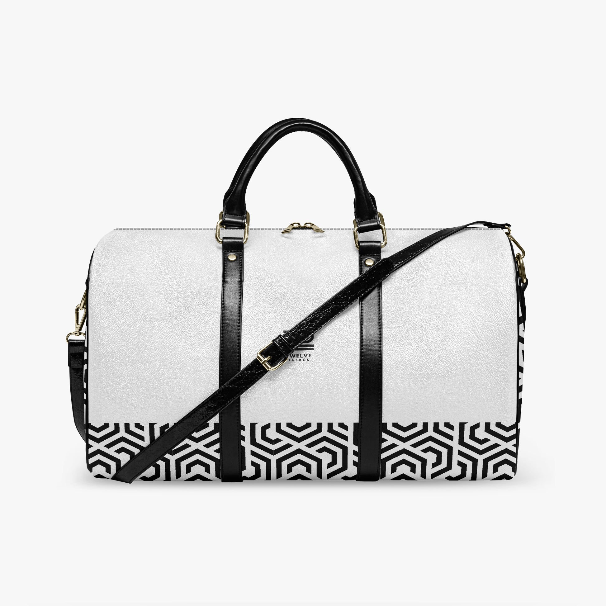 White duffel bag with black geometric pattern and handle on a white background