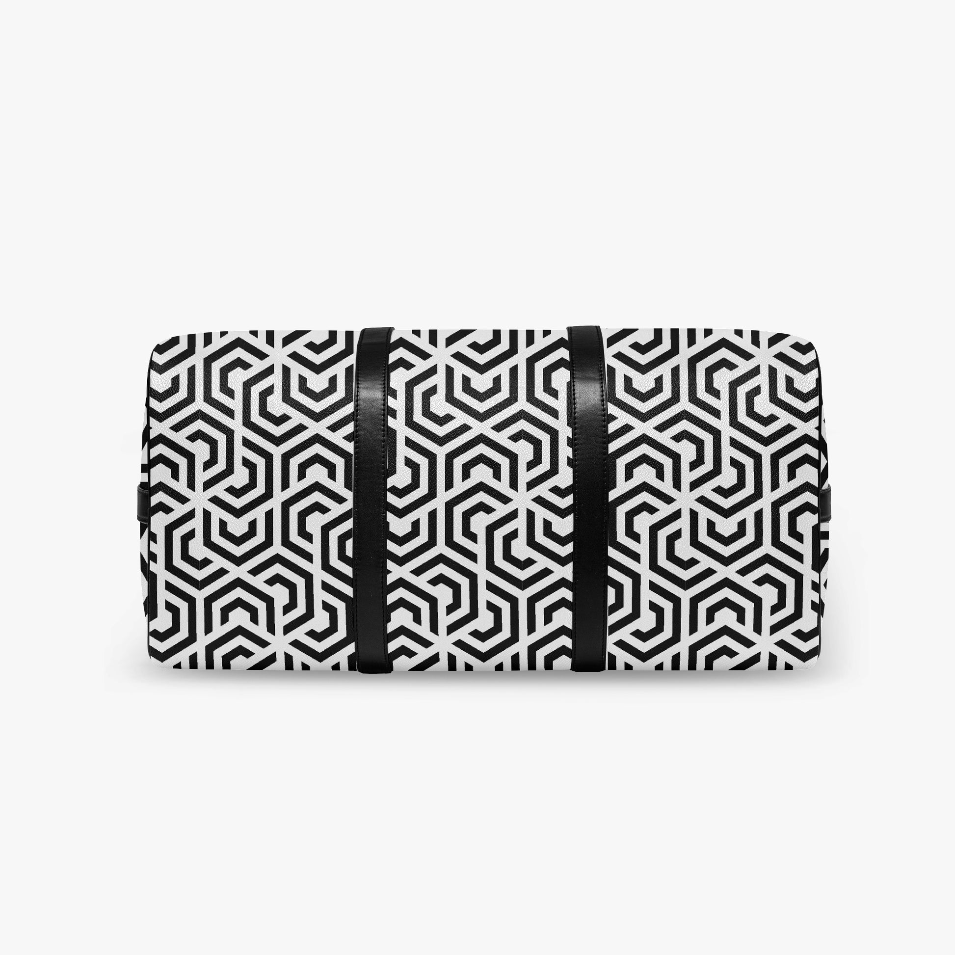 Black and white geometric patterned wallet with black straps on a light gray background