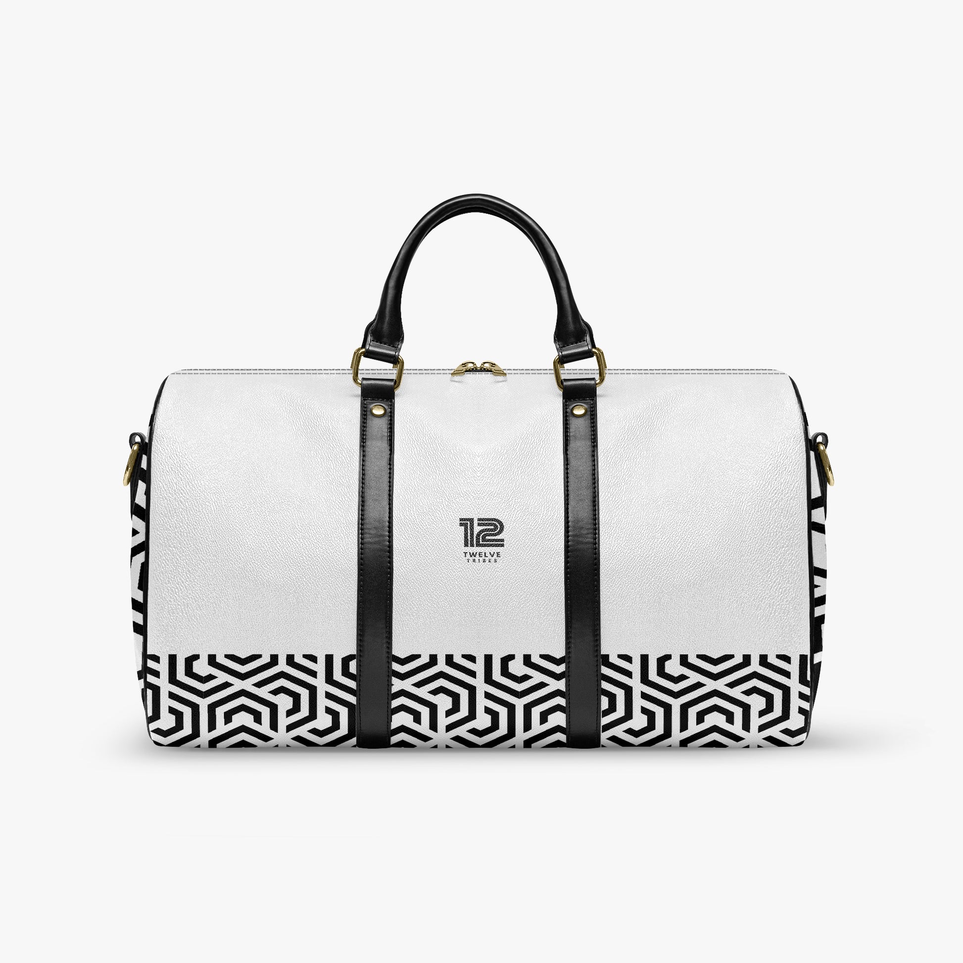White duffel bag with black geometric pattern and handle on a white background