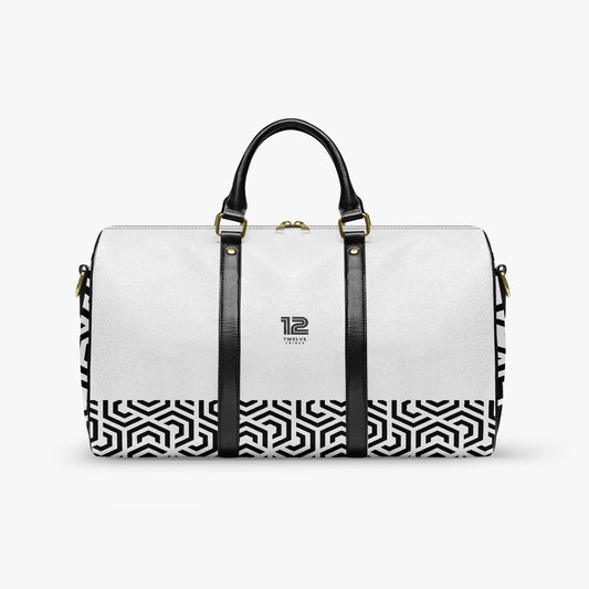 White duffel bag with black geometric pattern and handle on a white background