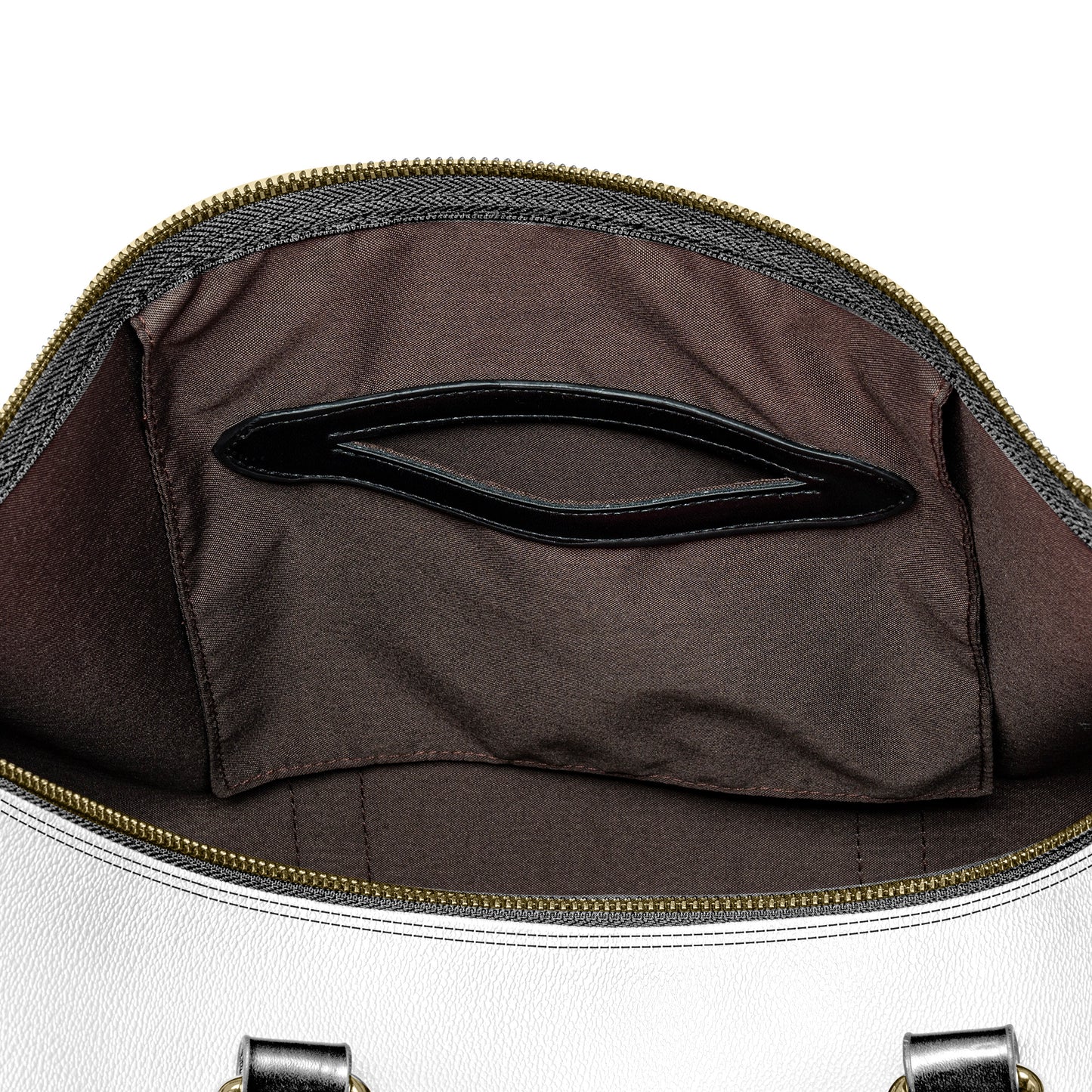 Close-up of a bag's interior with a handle and zipper.
