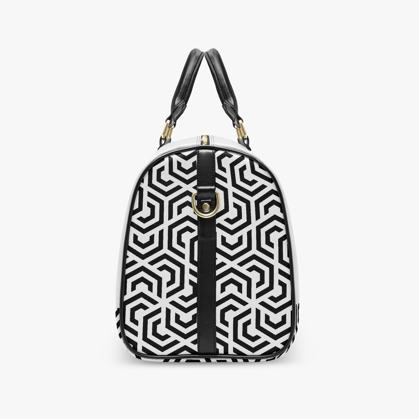 Black and white geometric patterned handbag with black handles on a white background