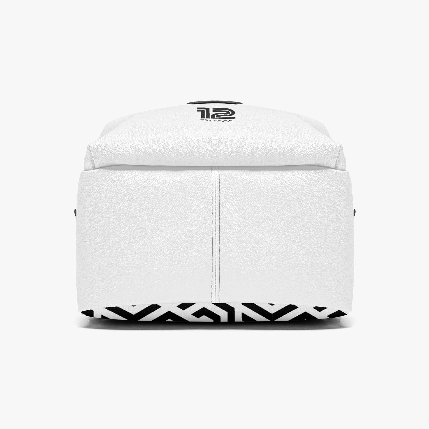 White backpack with black geometric patterns on a white background