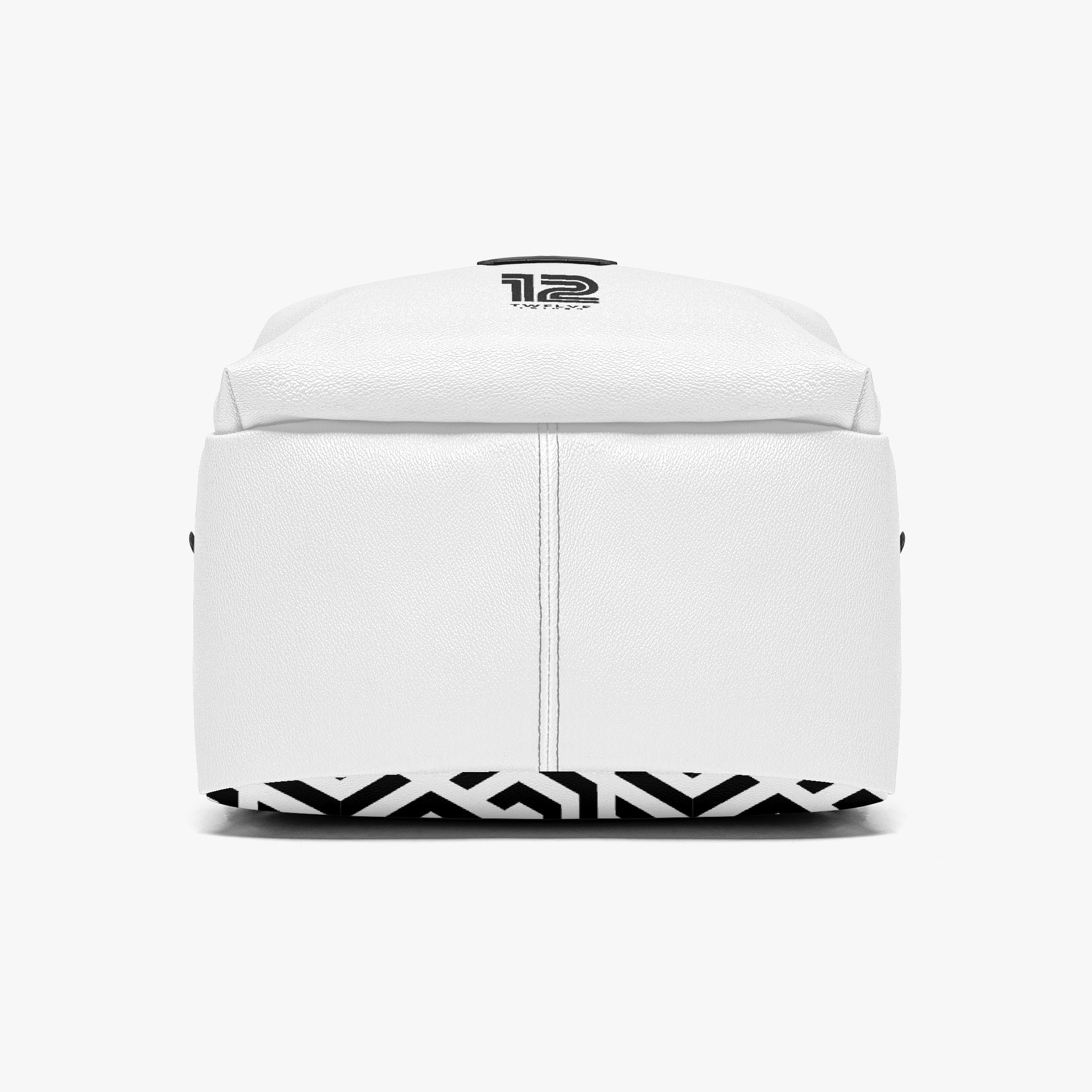 White backpack with black geometric patterns on a white background