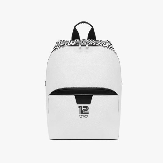 White backpack with black patterned top and '12 Tribes' logo on a white background