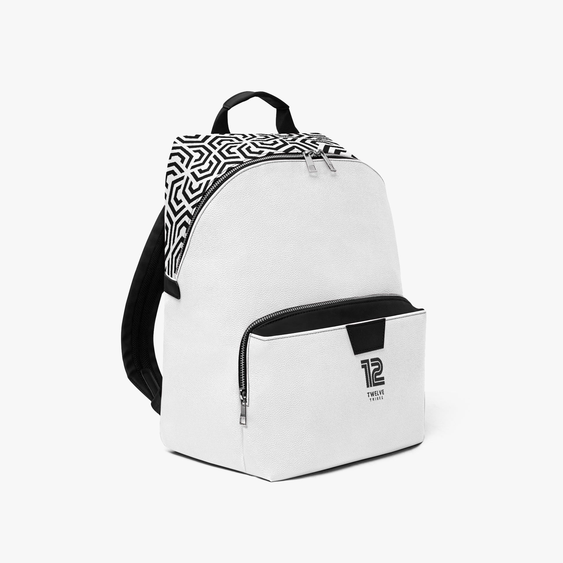 White backpack with black and white patterned top and visible brand logo on a white background