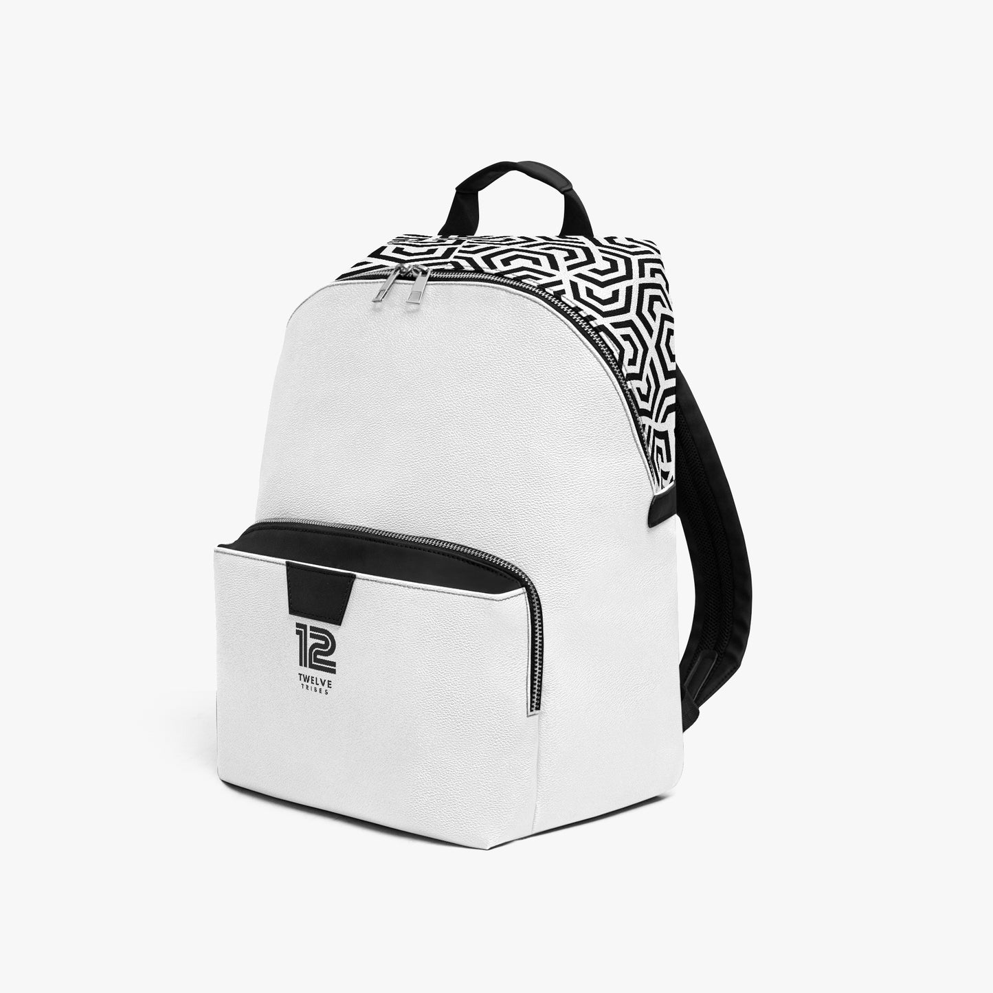 White backpack with black and white patterned top section on a white background