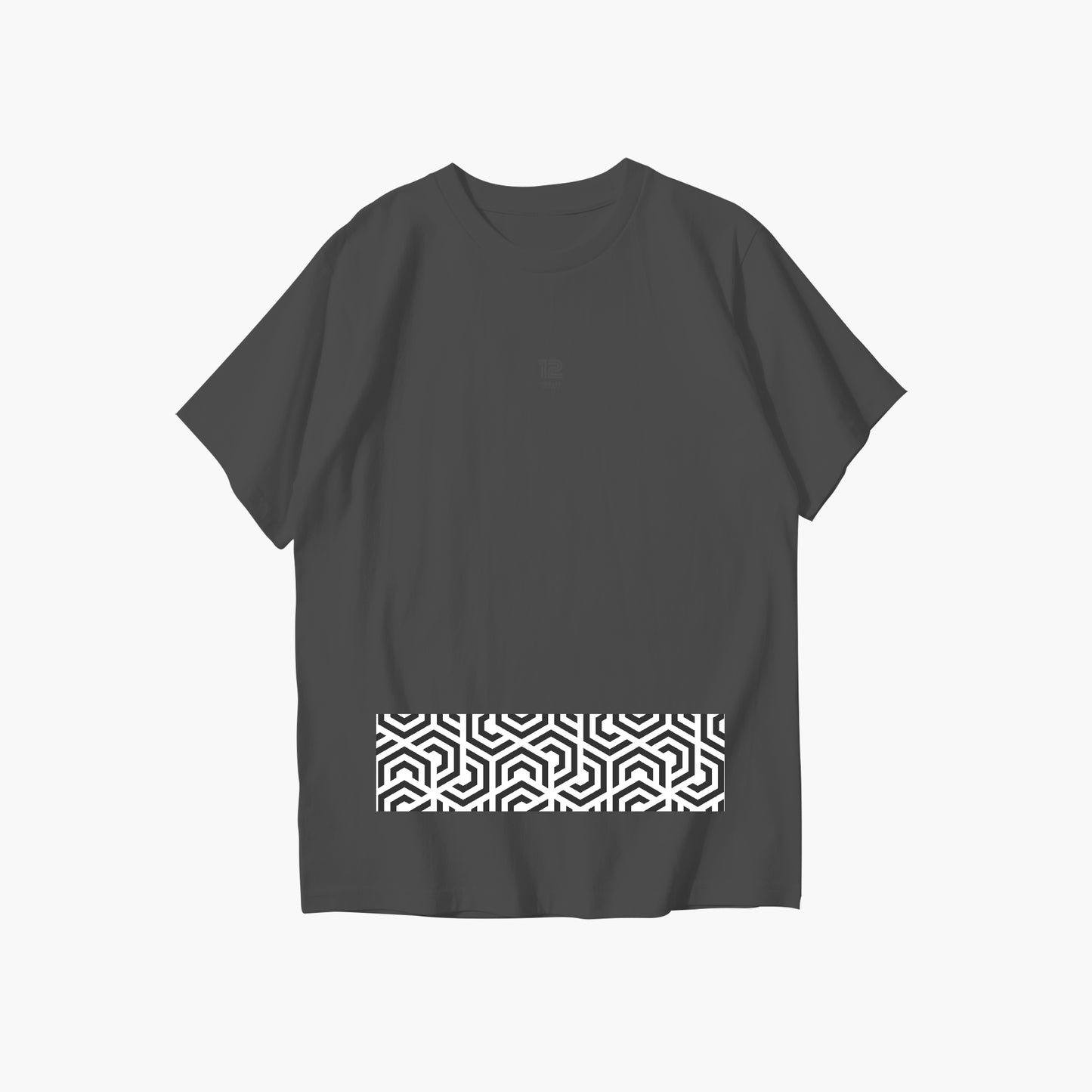 Black t-shirt with a white geometric pattern on a white background