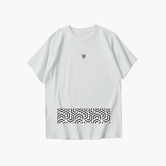 White t-shirt with black geometric pattern on a white background