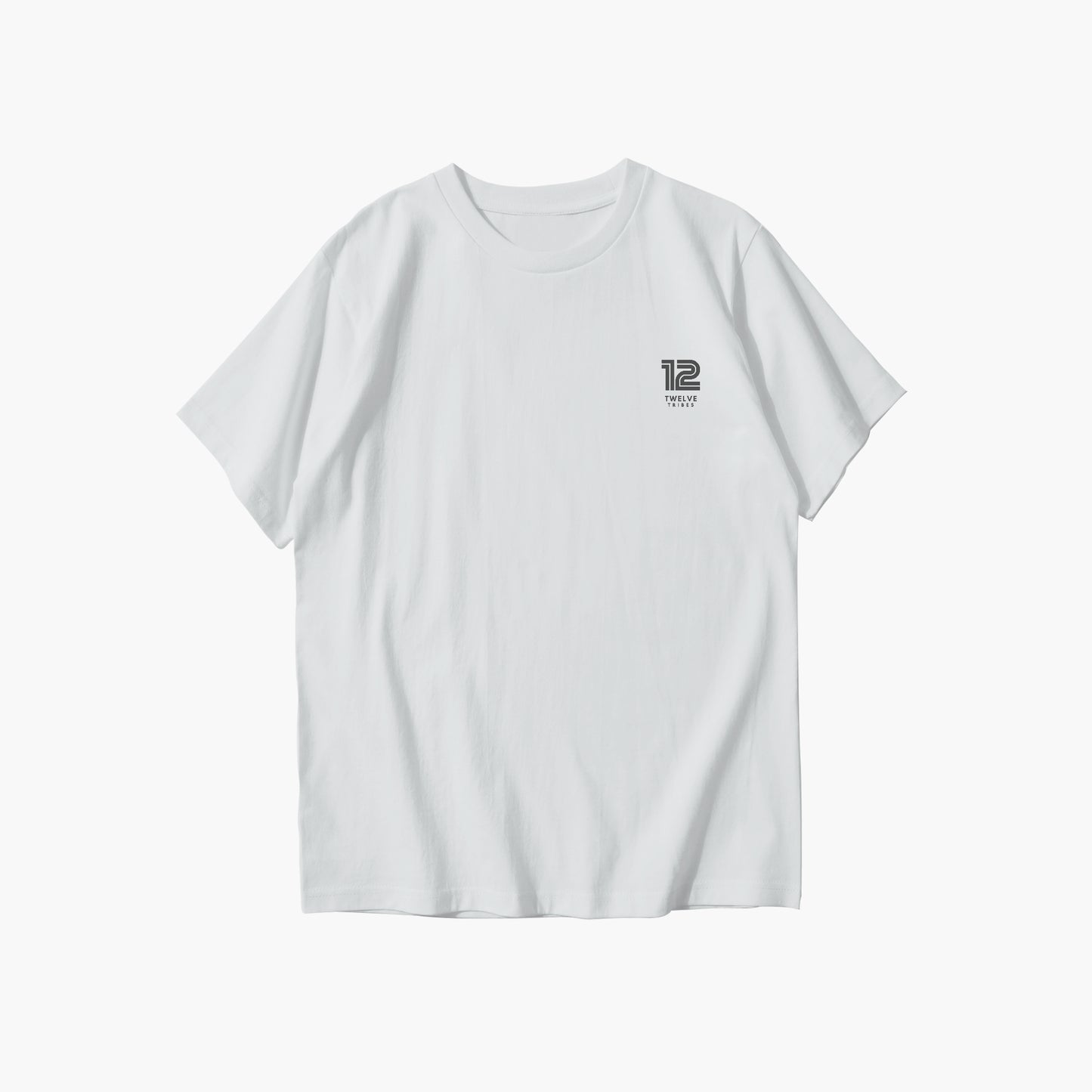 White t-shirt with a small logo on a white background