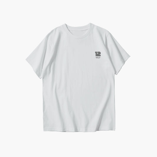 White t-shirt with a small logo on a white background