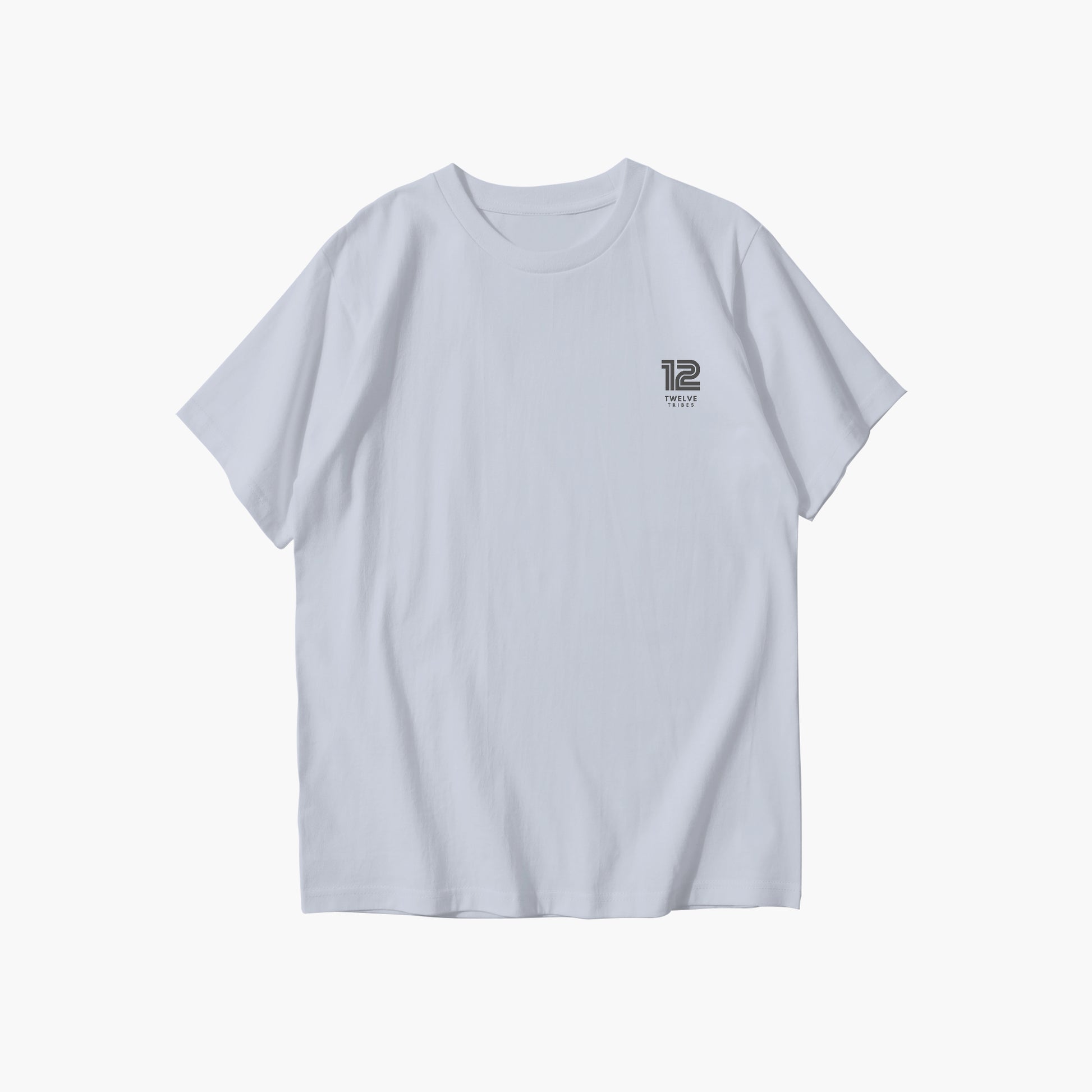 Light gray t-shirt with a small logo on a white background