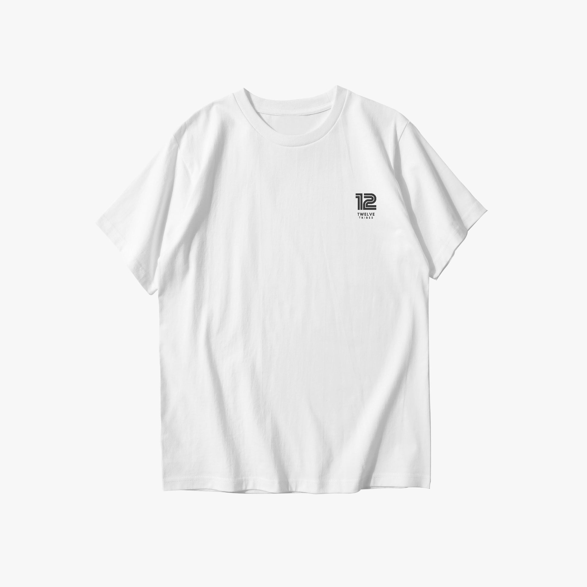 White t-shirt with a small black logo on a white background