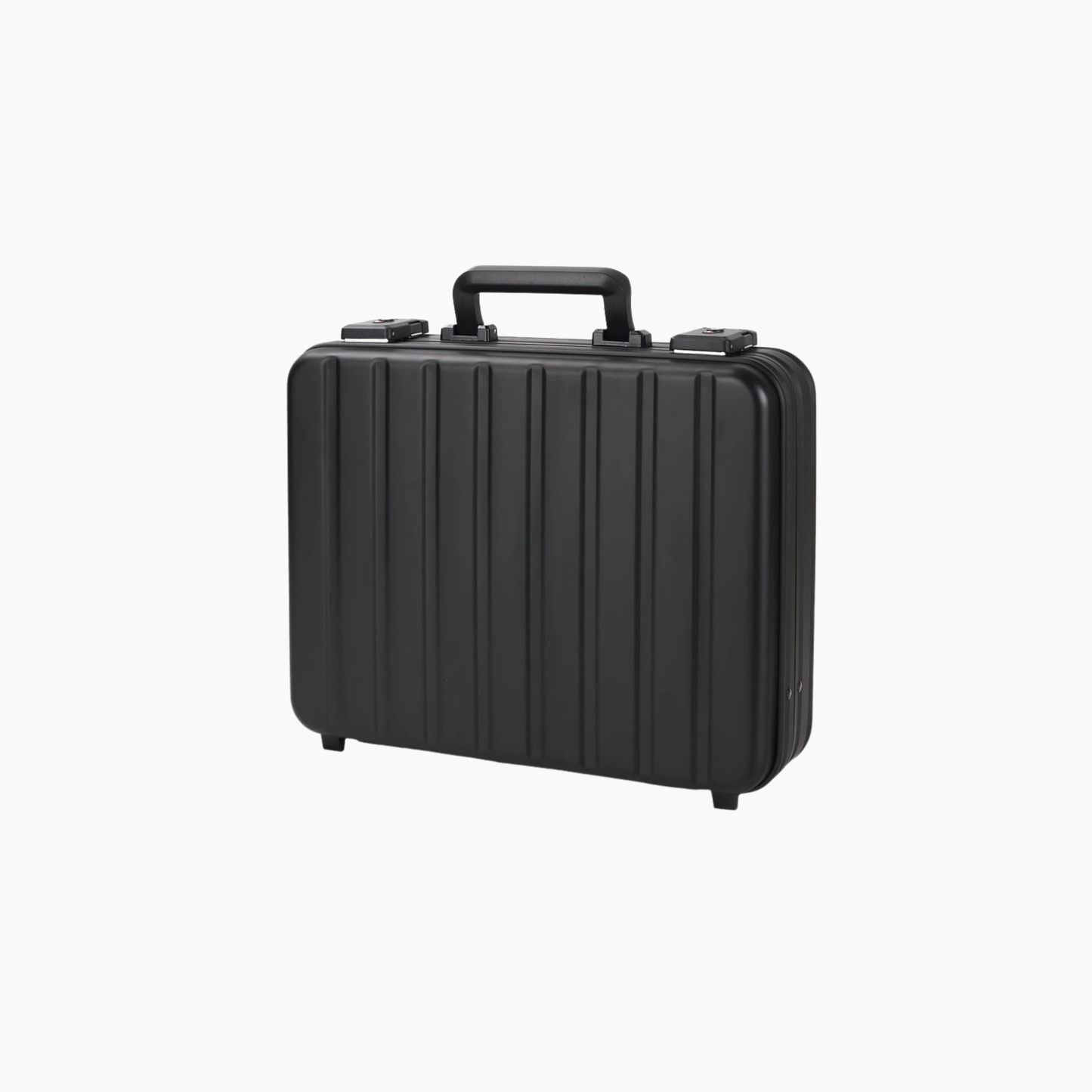 Black hard-shell aluminum briefcase on a white background
