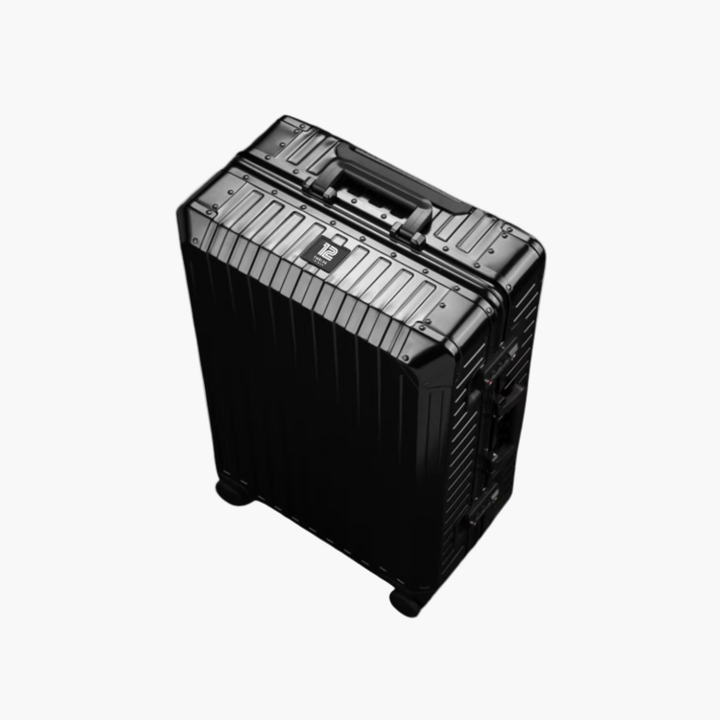 Black suitcase with wheels on a white background