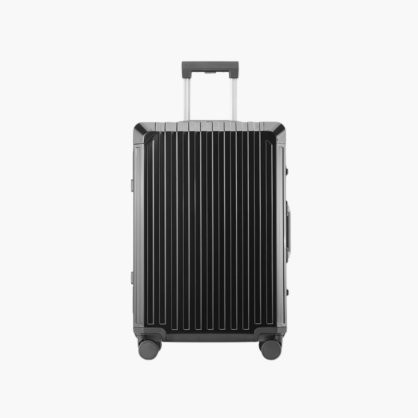 Black suitcase with a textured surface on a white background