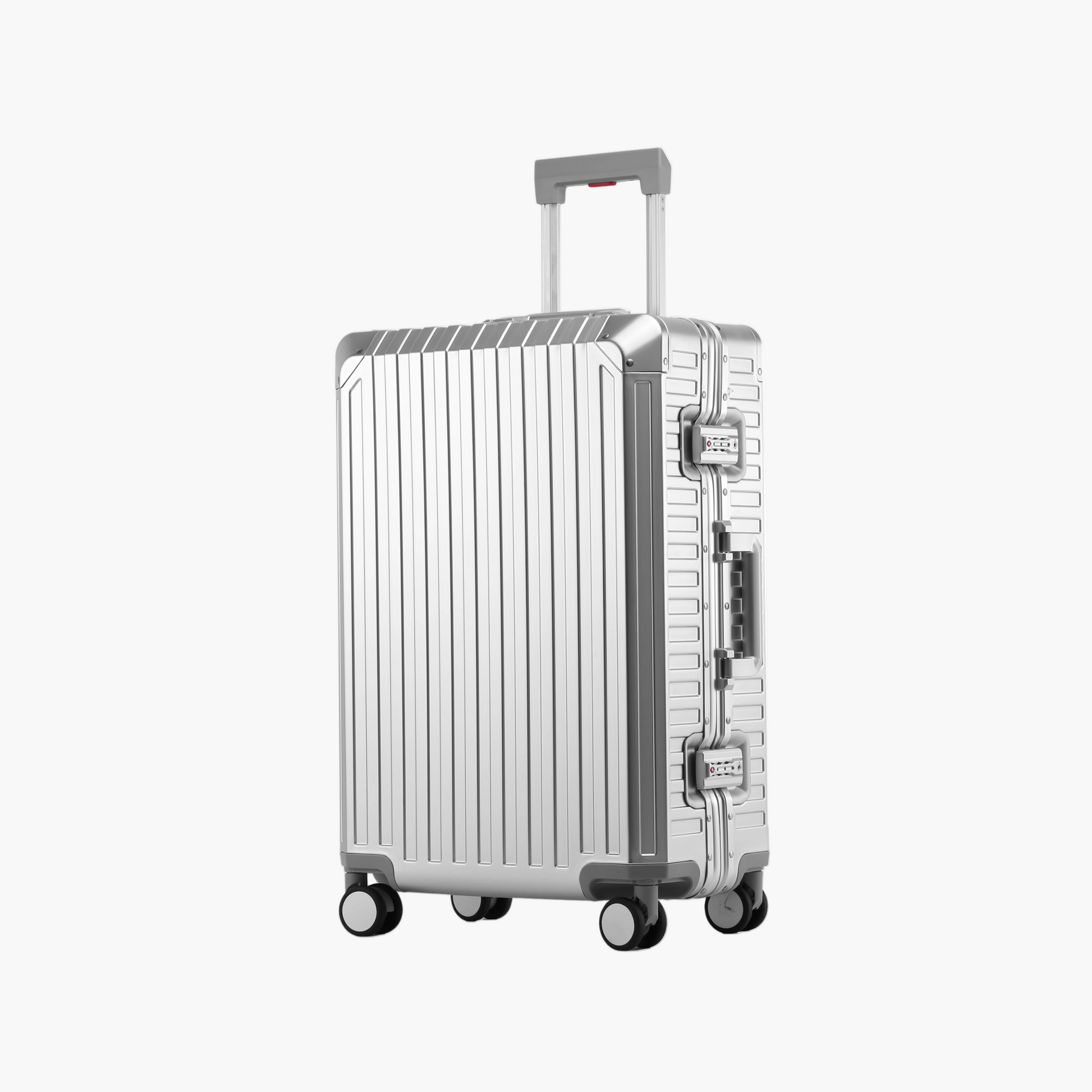 Silver suitcase with striped design on a white background