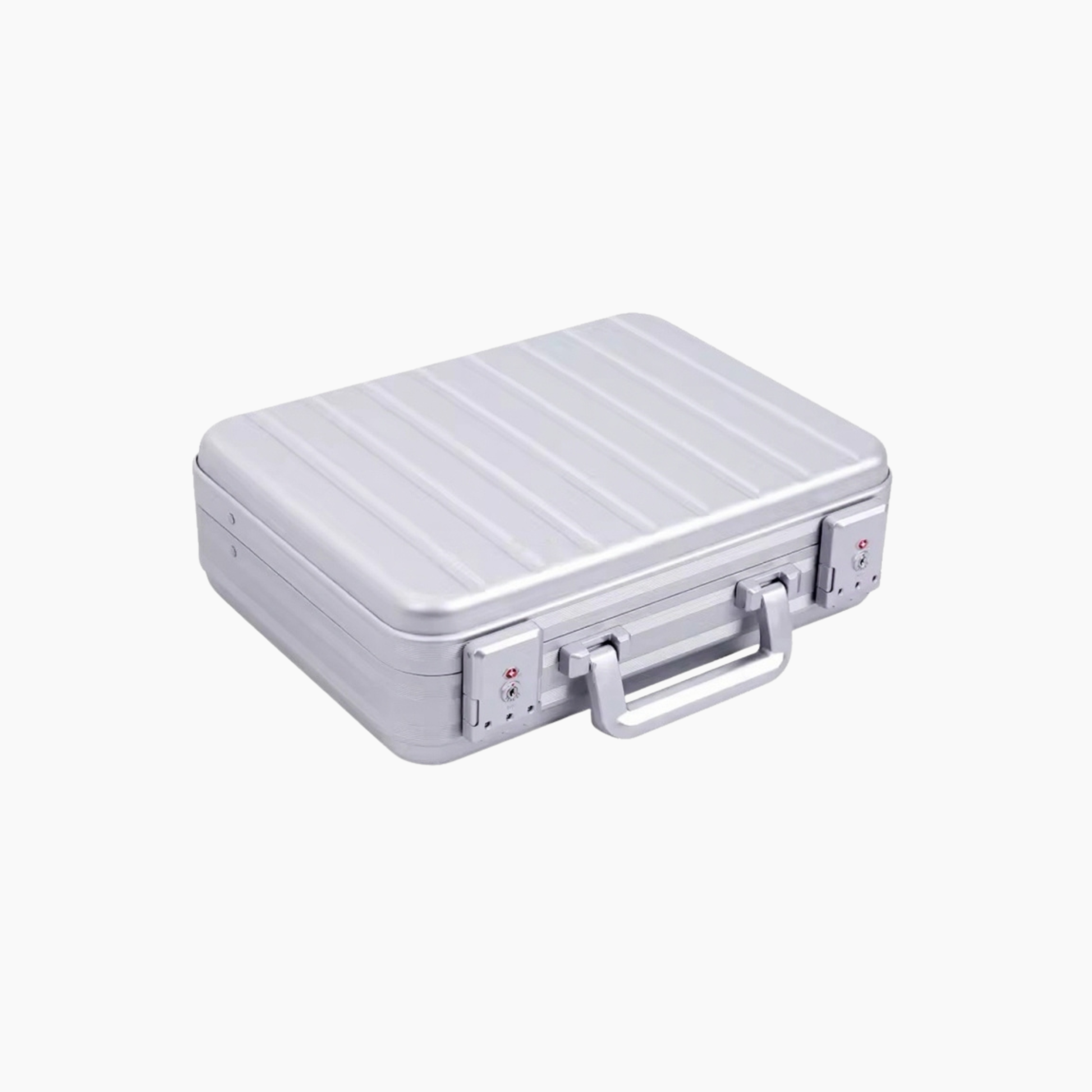 Silver aluminum metallic briefcase on a white background