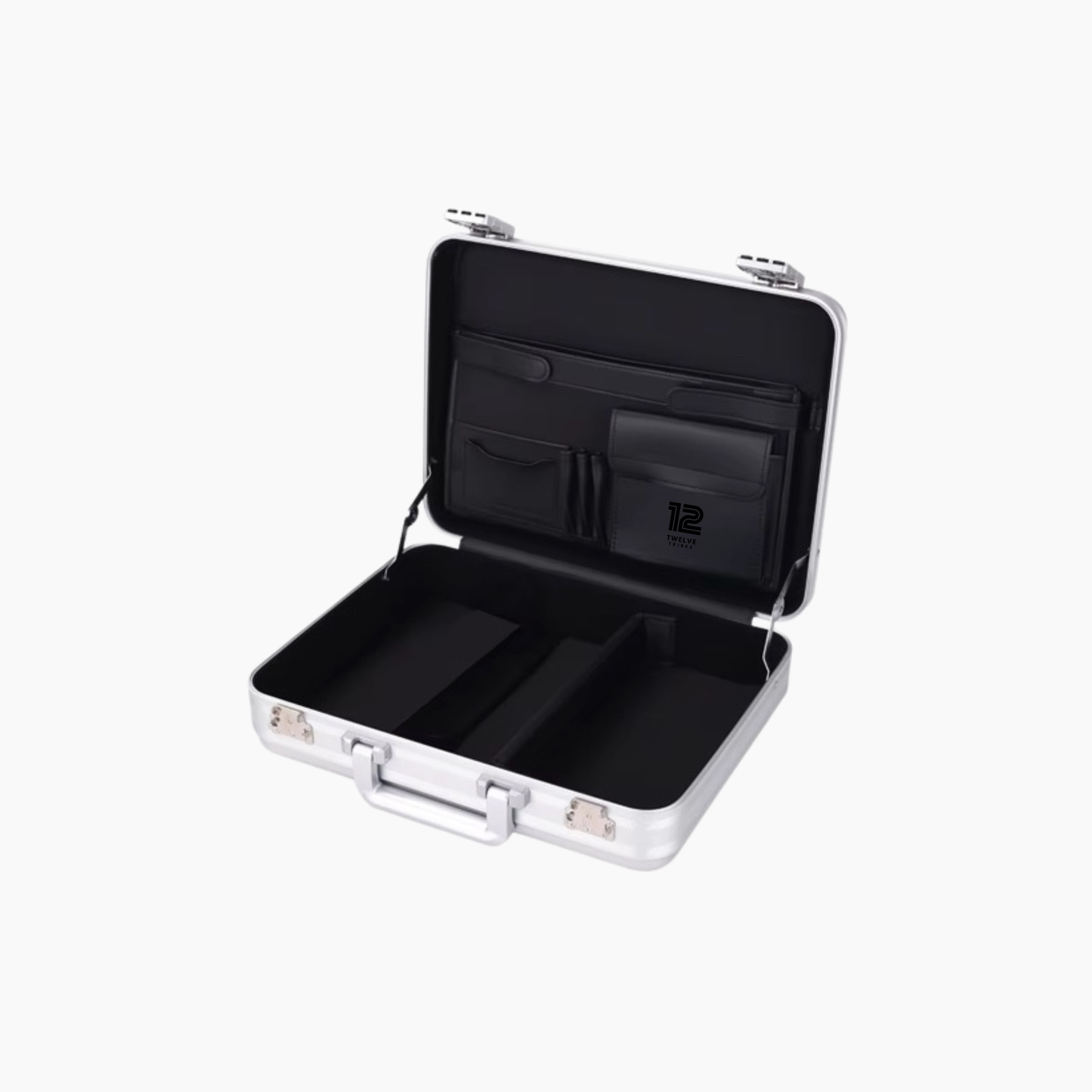 Silver aluminum briefcase with black inside and silver trim on a white background