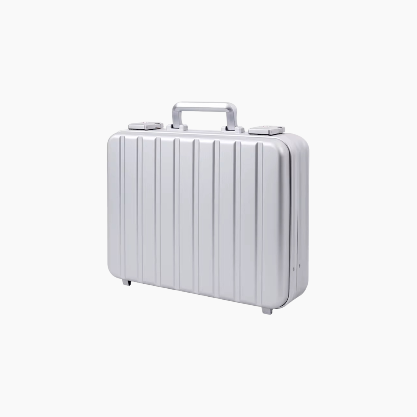 Silver aluminum suitcase with a ribbed texture on a white background