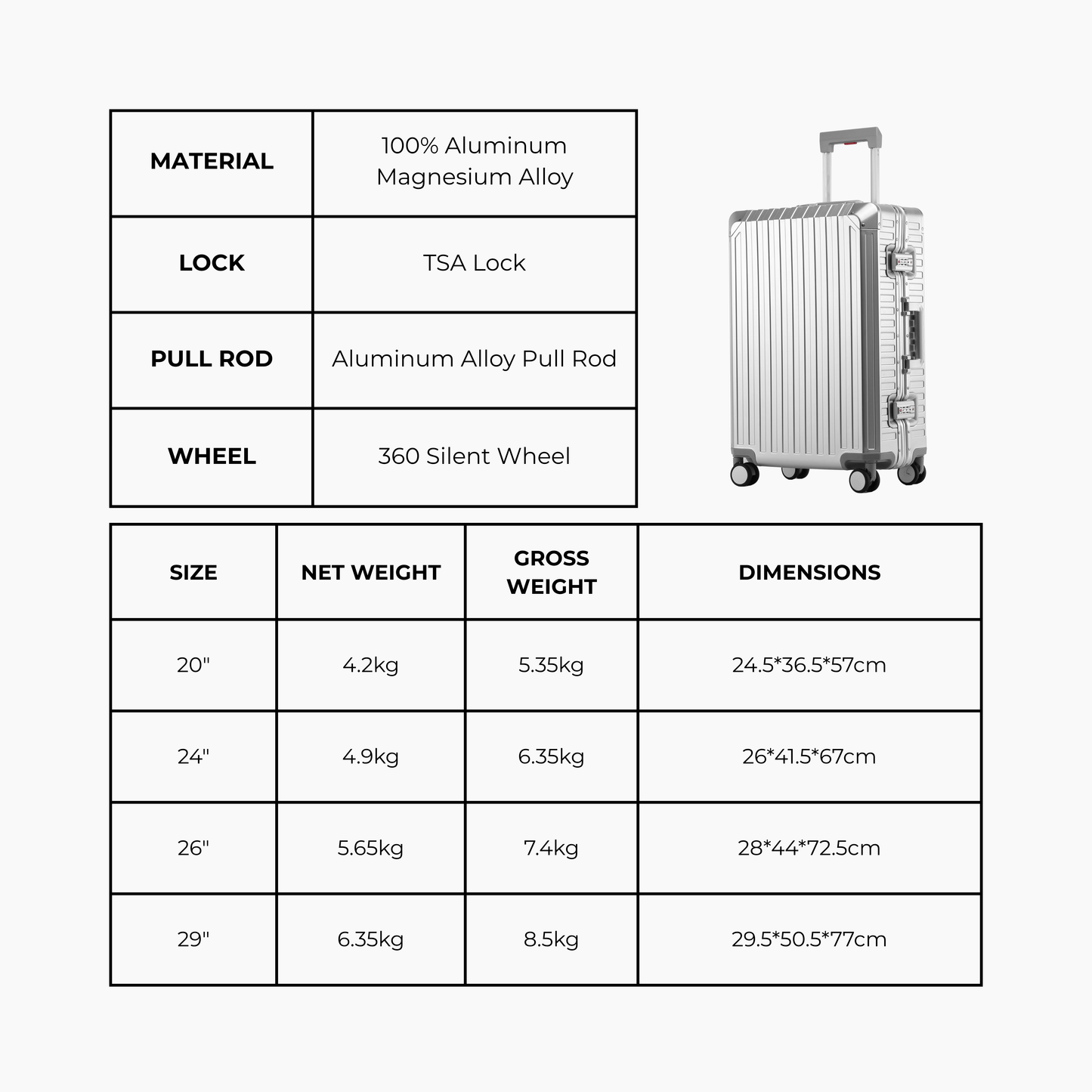 Aluminum magnesium alloy suitcase with specifications on a white background