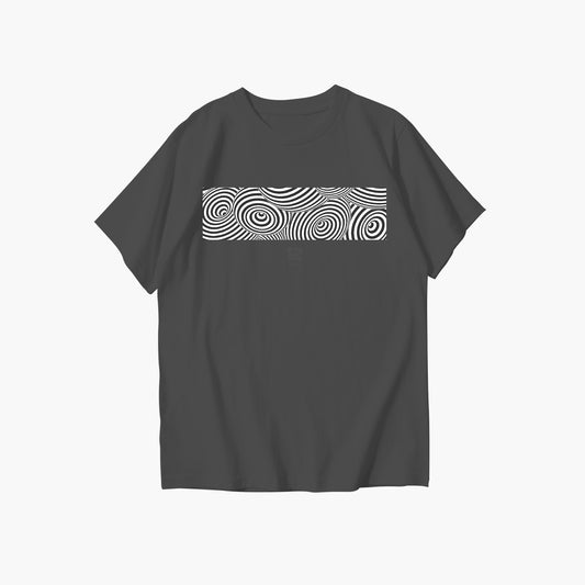 Black t-shirt with a white geometric pattern on the back against a white background