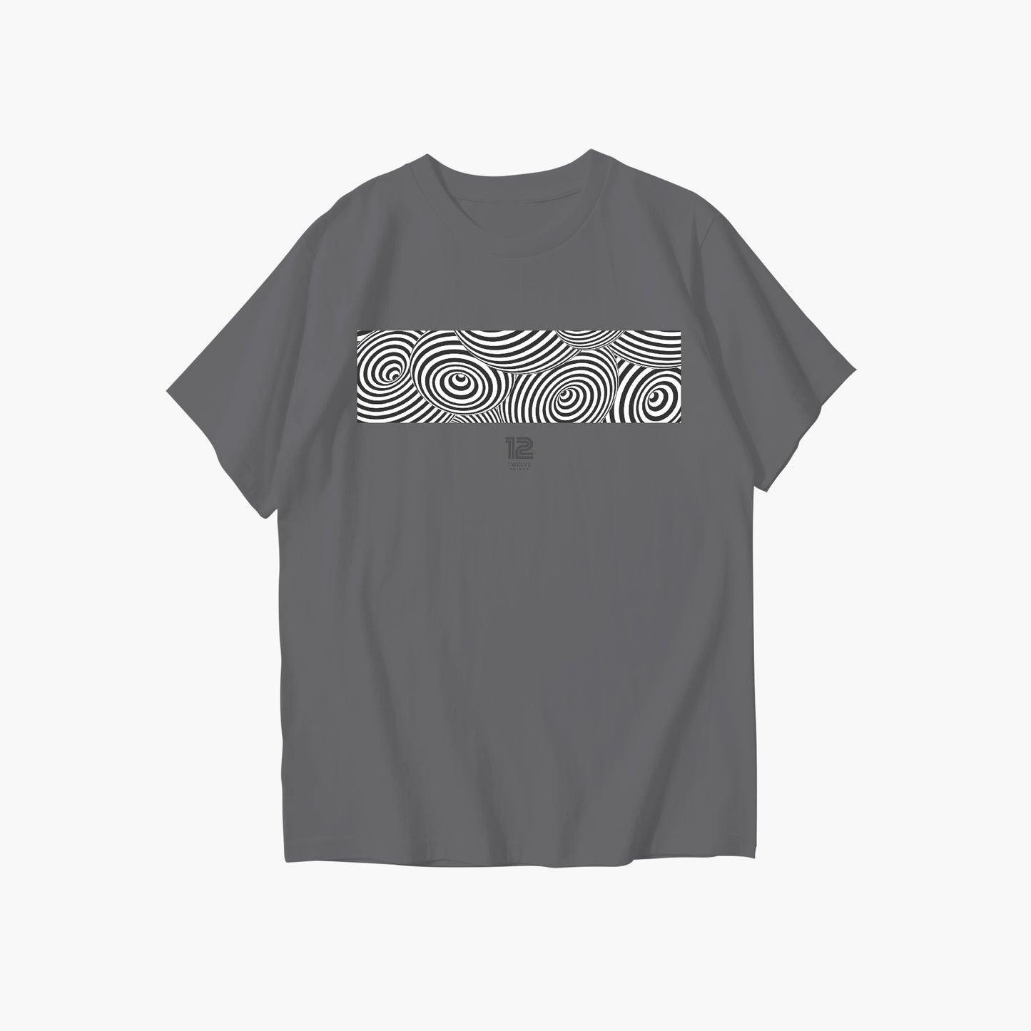 Gray t-shirt with a black and white pattern on the chest against a white background