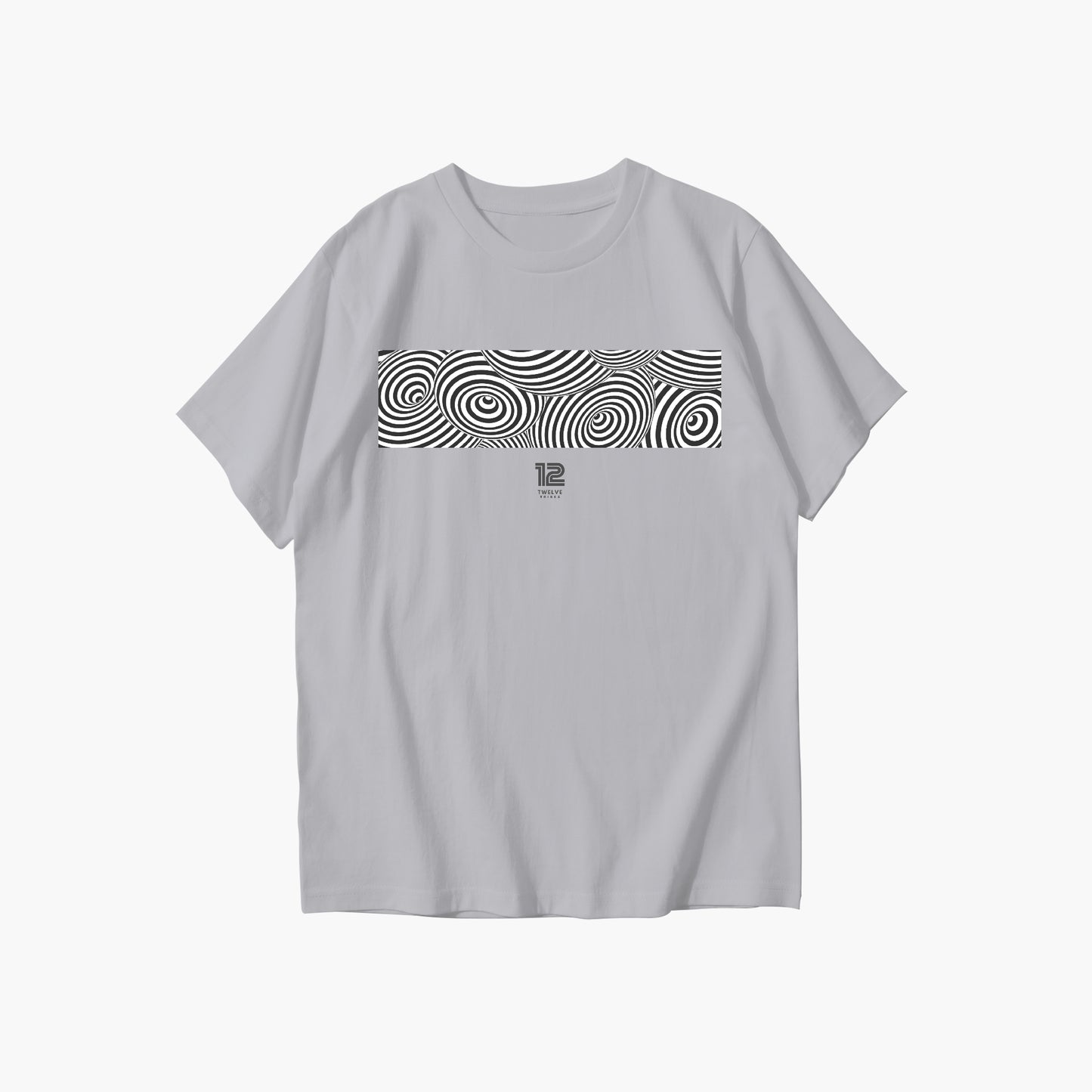 Gray t-shirt with black and white pattern on a white background