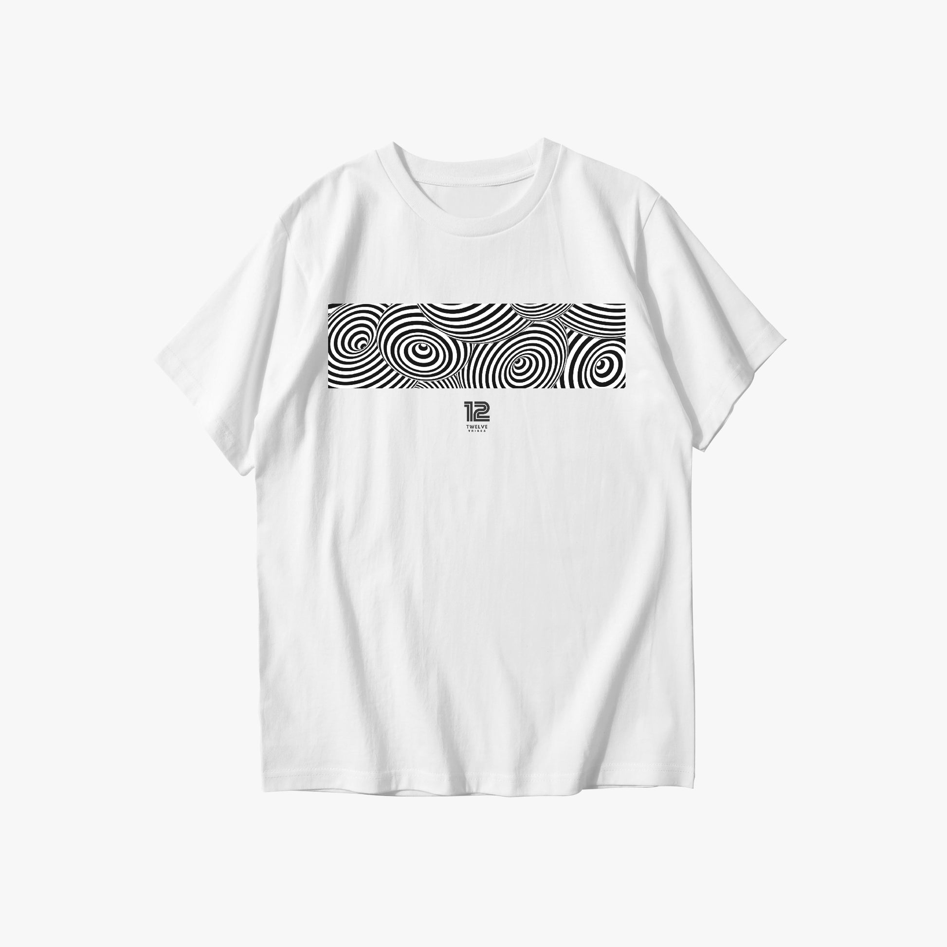 White t-shirt with black and white pattern on a light gray background