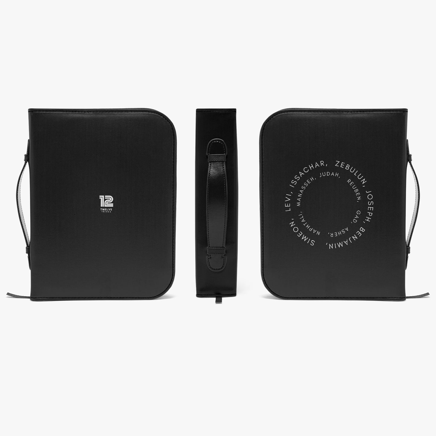Black leather case with handle and embossed text on a white background