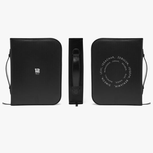 Black leather case with handle and embossed text on a white background