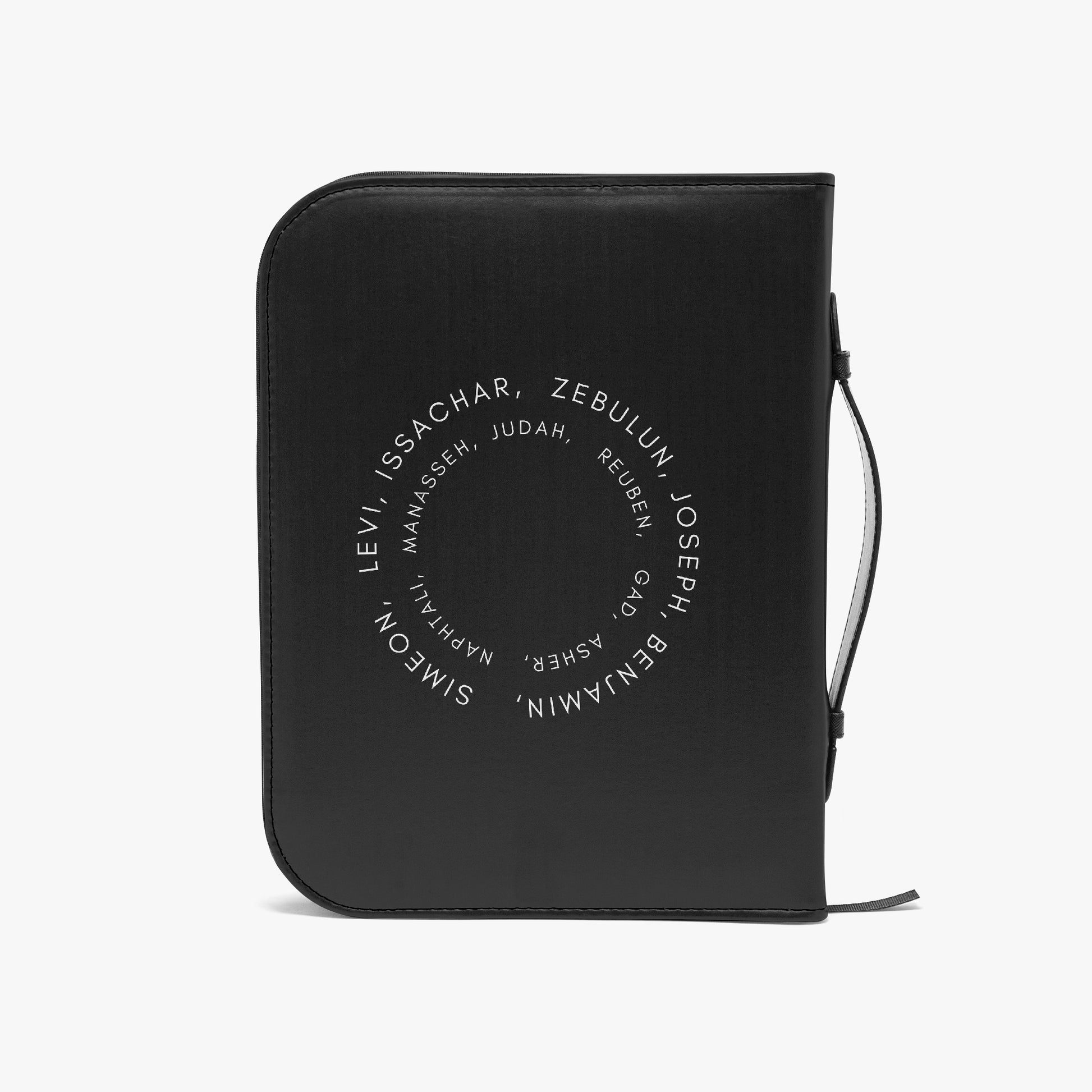 Black leather case with engraved text on a white background