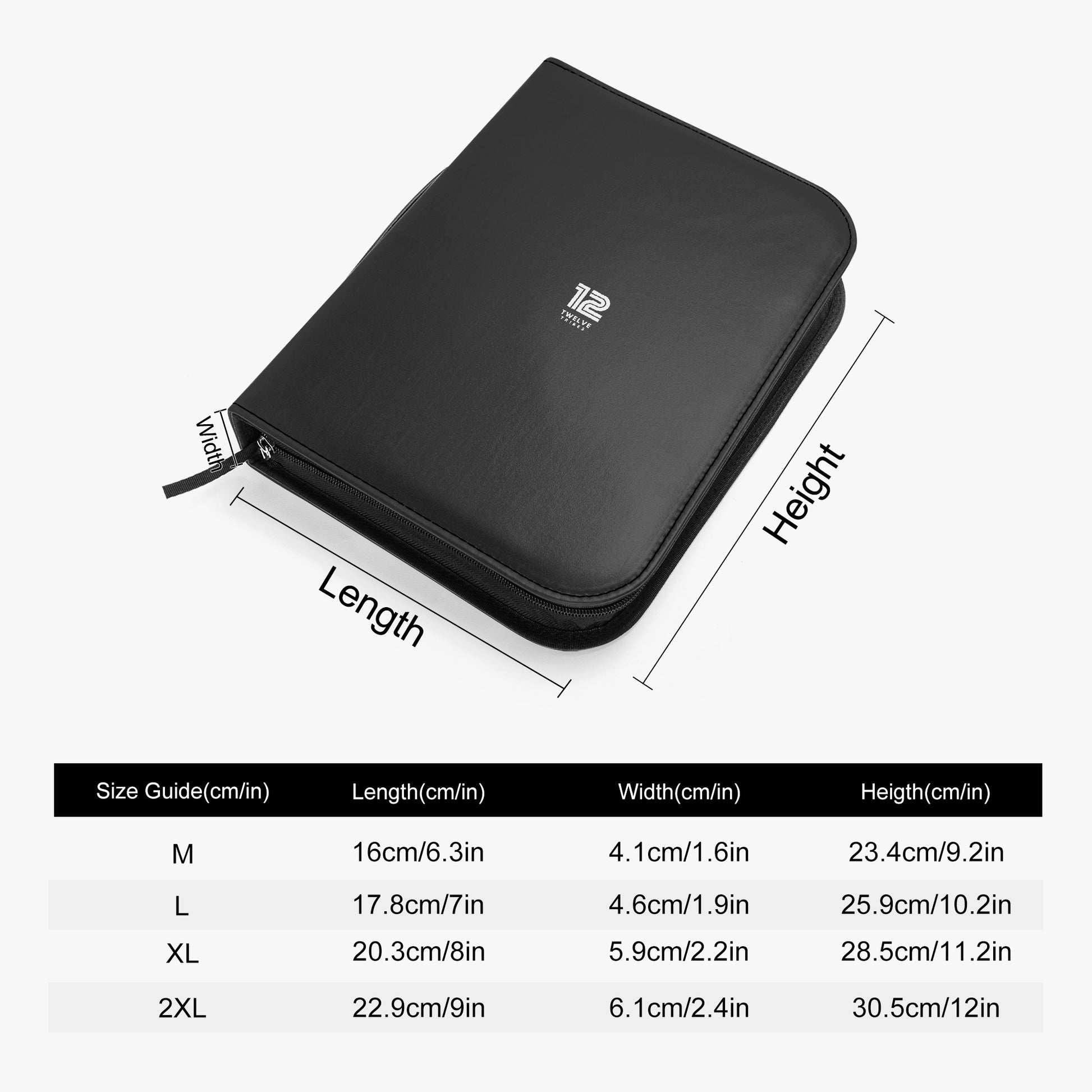 Black zippered case with measurements and size guide on a white background