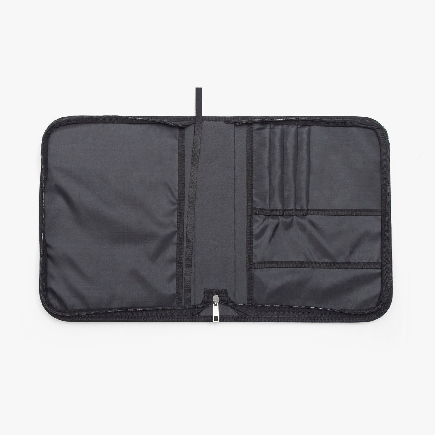 Black zippered pouch on a white background