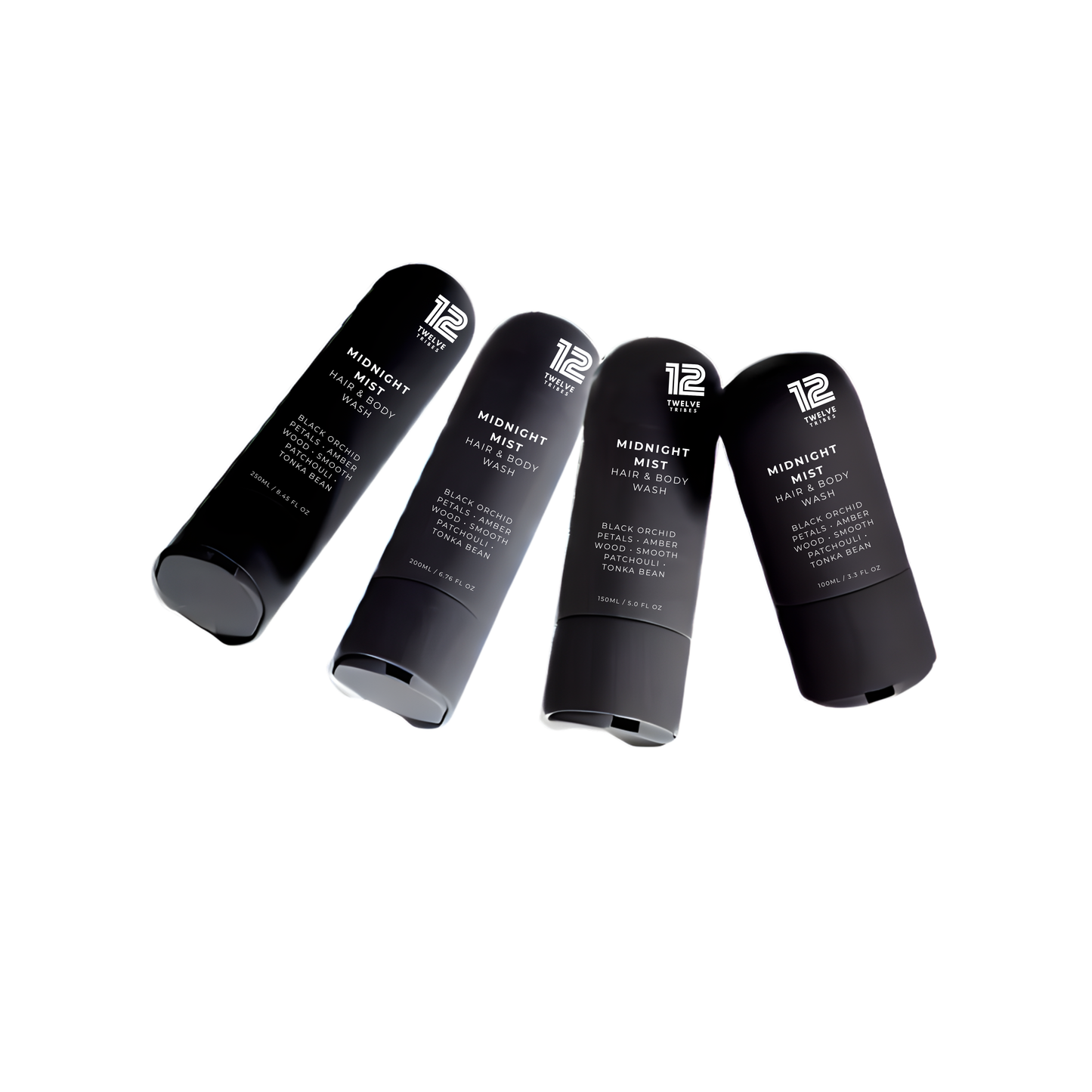 Four black hair care products with visible branding on a white background