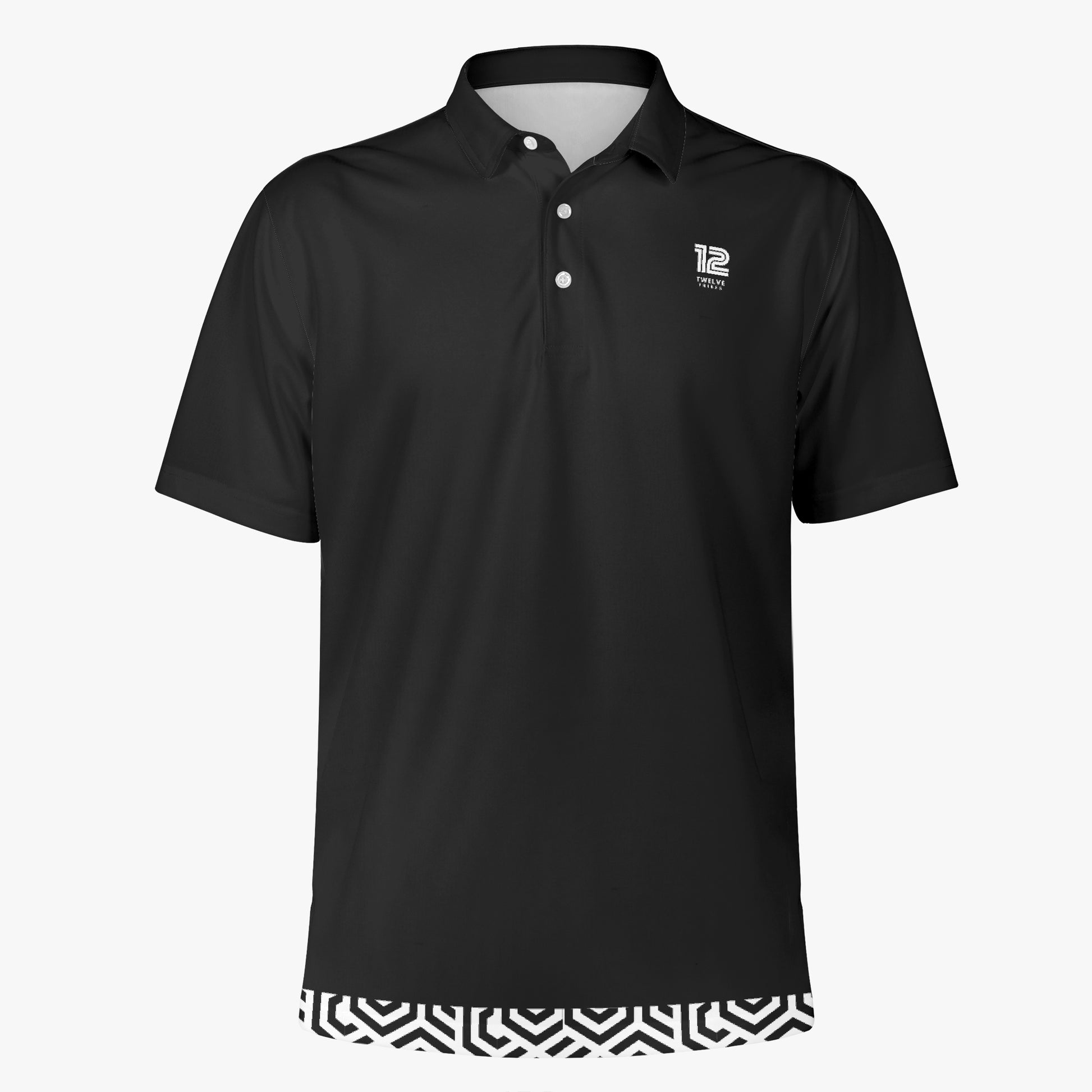 Black polo shirt with a small logo on a white background