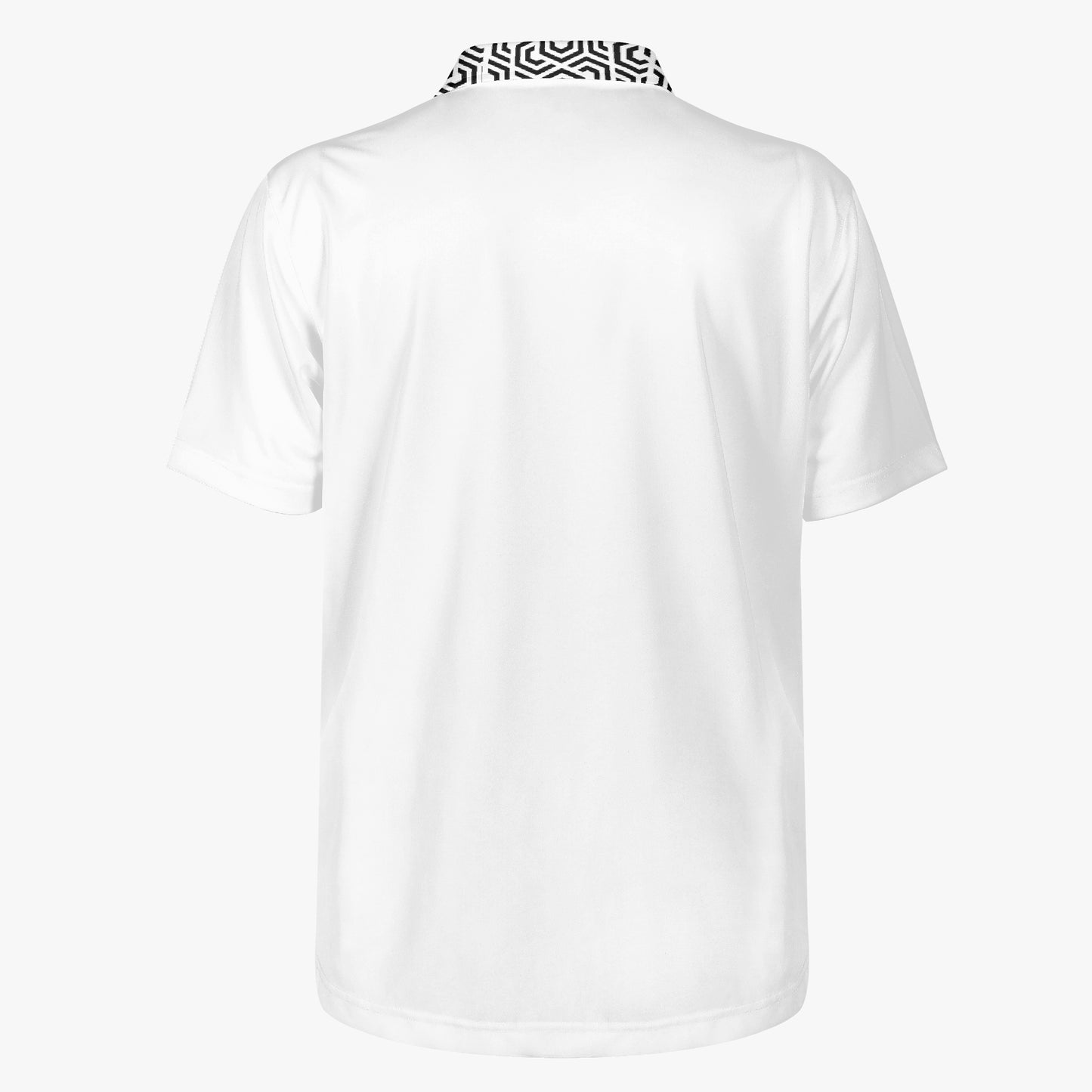 White t-shirt with a geometric pattern on the collar against a white background