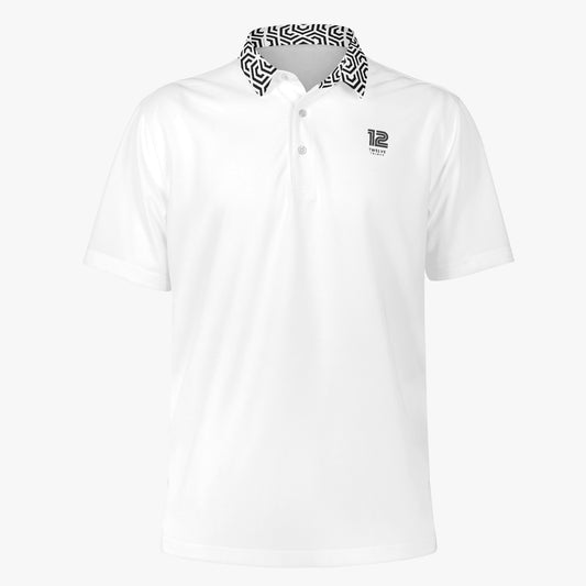 White polo shirt with a patterned collar on a white background