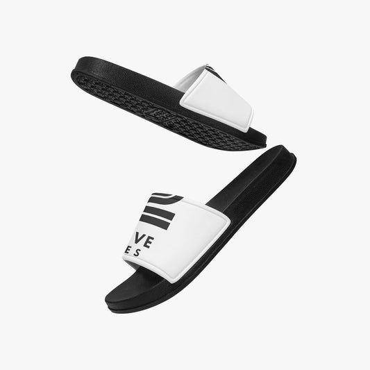 Black and white slides with a brand logo on a white background