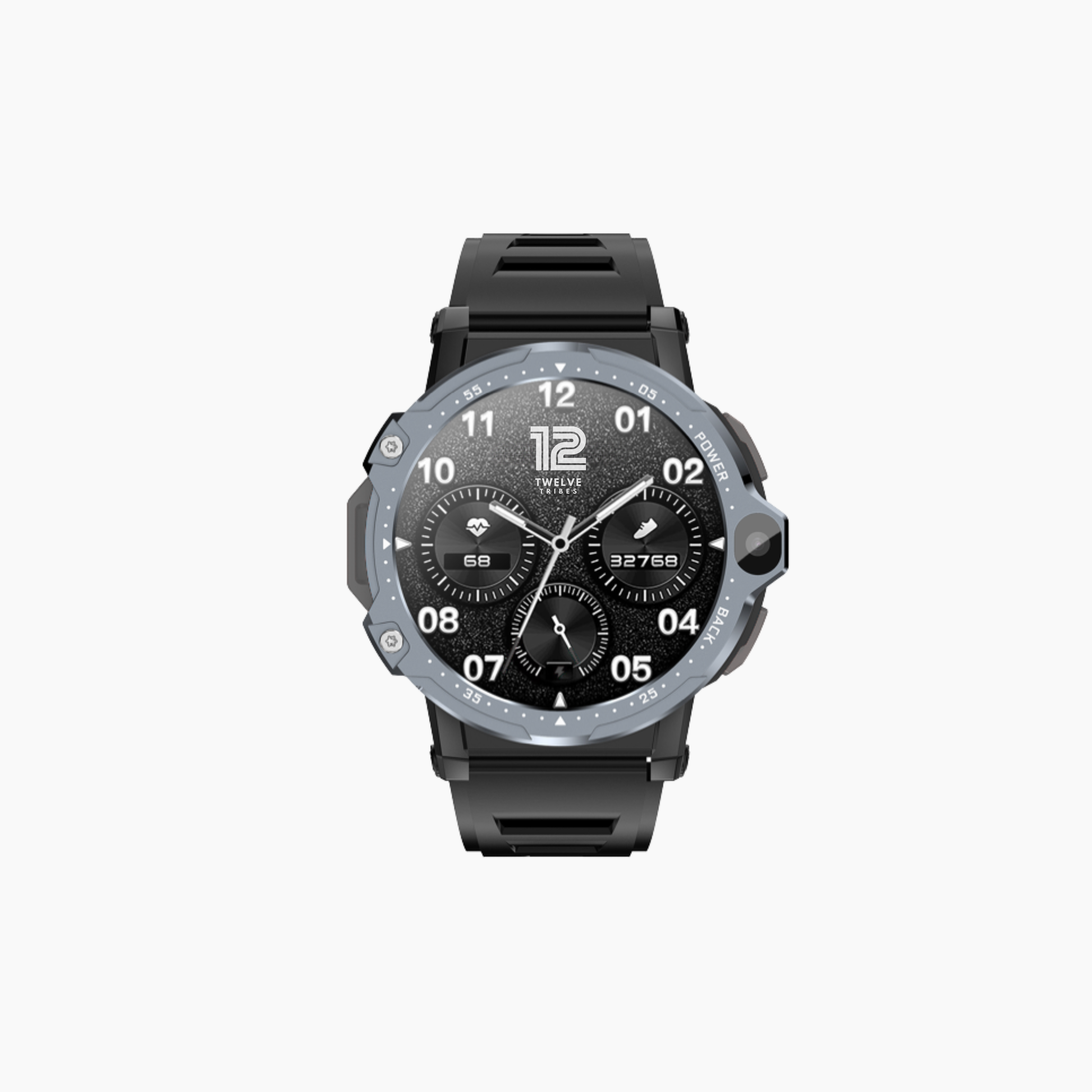 Black smartwatch with a detailed face on a white background