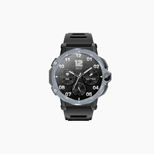 Black smartwatch with a detailed face on a white background