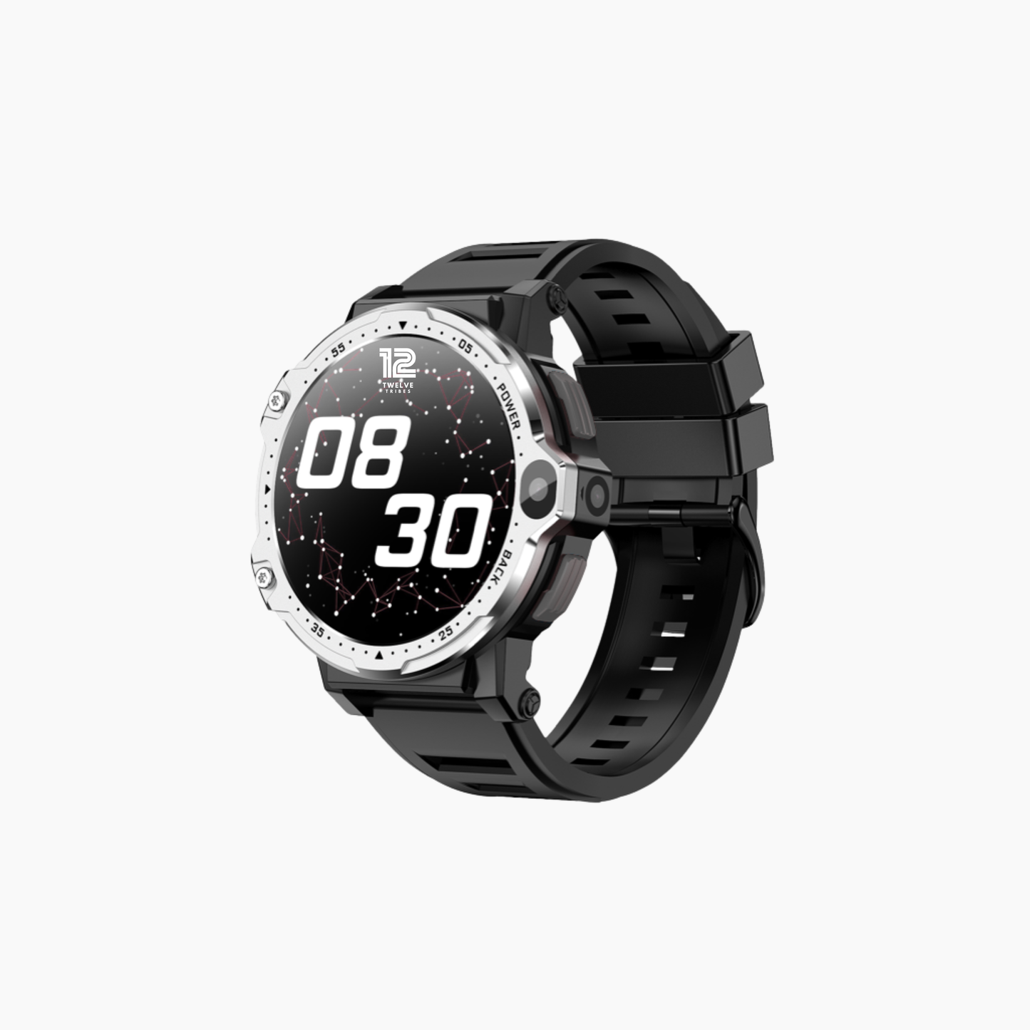 Black smartwatch with a digital display on a white background