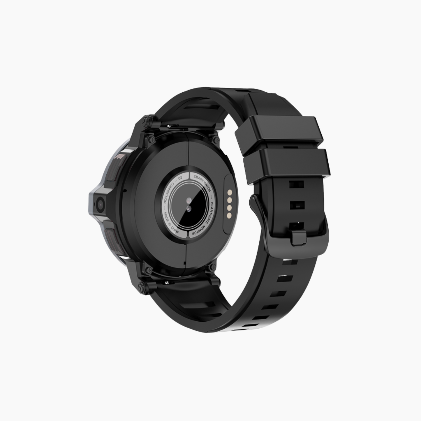 Black smartwatch with a metallic band on a white background