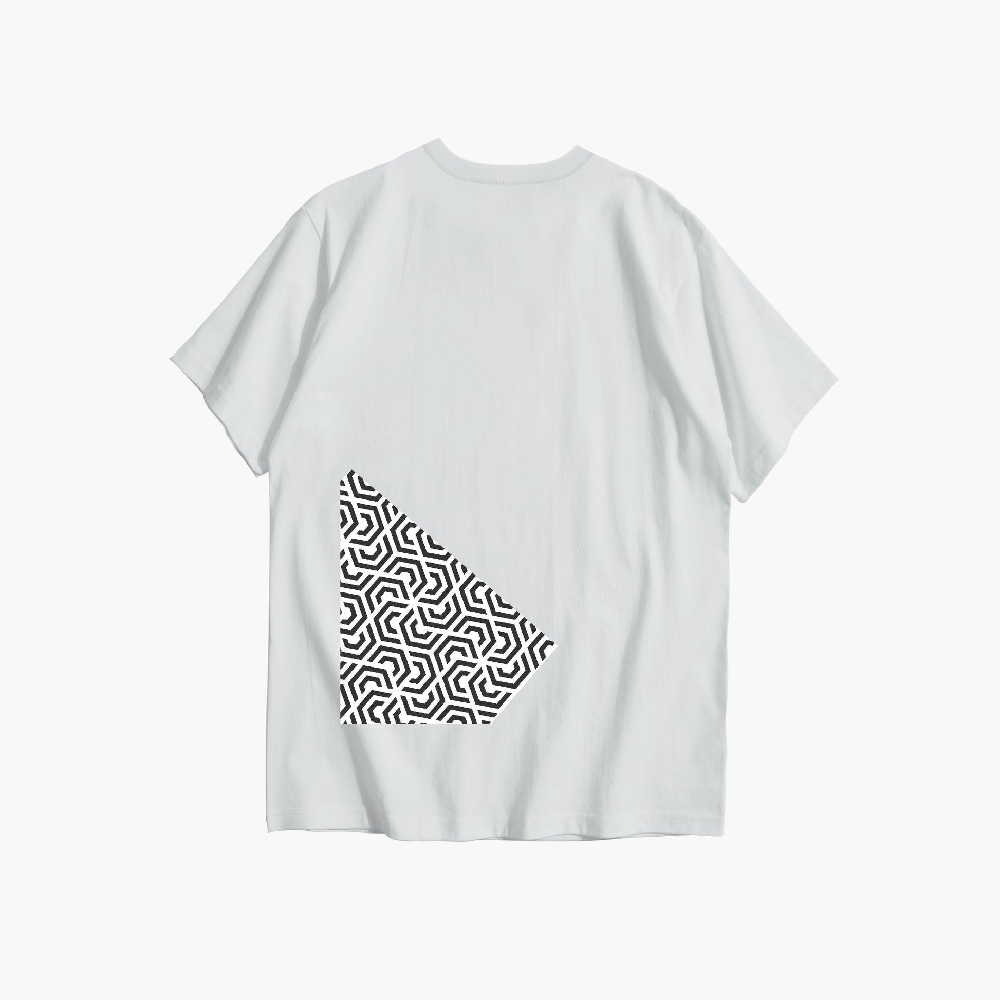 White t-shirt with a black geometric pattern on the back against a white background