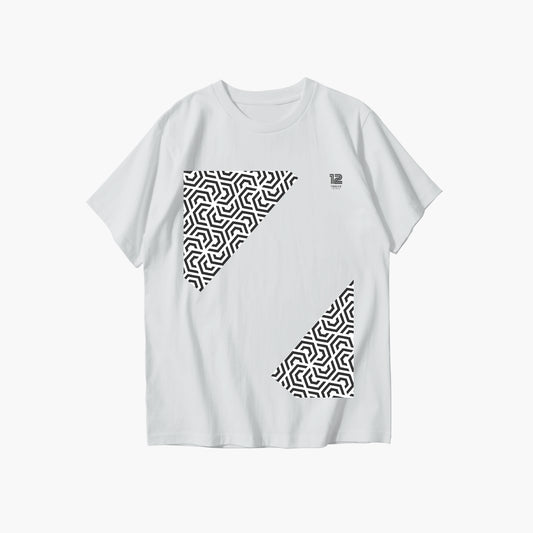 White t-shirt with black geometric pattern on a white background
